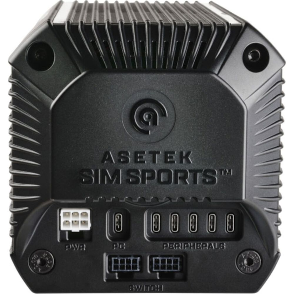 Dispositivo nero Asetek Sim Sports con porte per alimentazione, PC e periferiche.