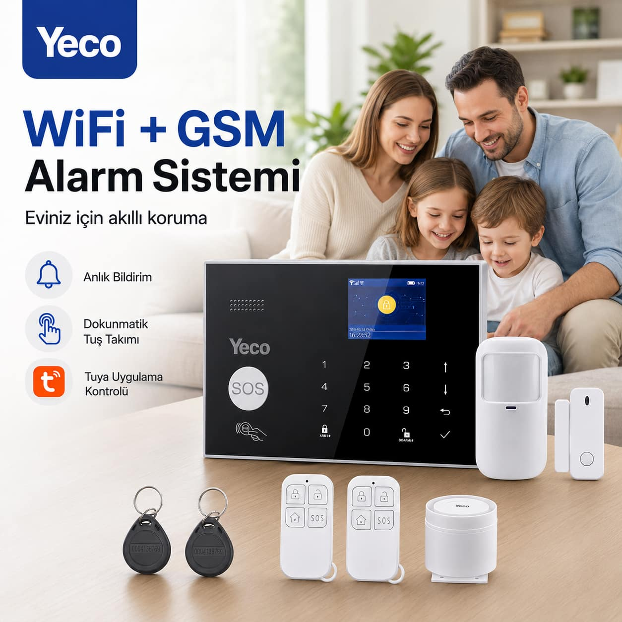 Aile ile Yeco alarm sistemi. Yeco kontrol paneli, sensörler ve kumandalar.