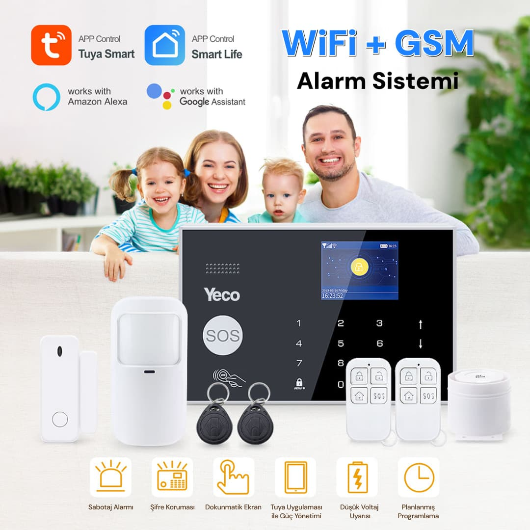 Alarm sistemi, kapı sensörü, hareket sensörü, kumandalar ve uygulama kontrolü olan aile.