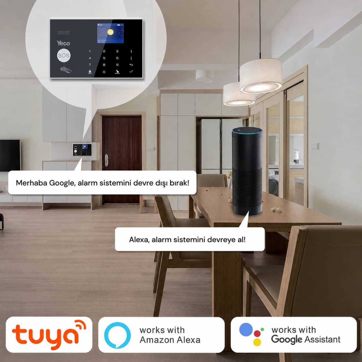 Yeco alarm paneli, siyah Amazon Echo ve Tuya, Alexa, Google logoları.