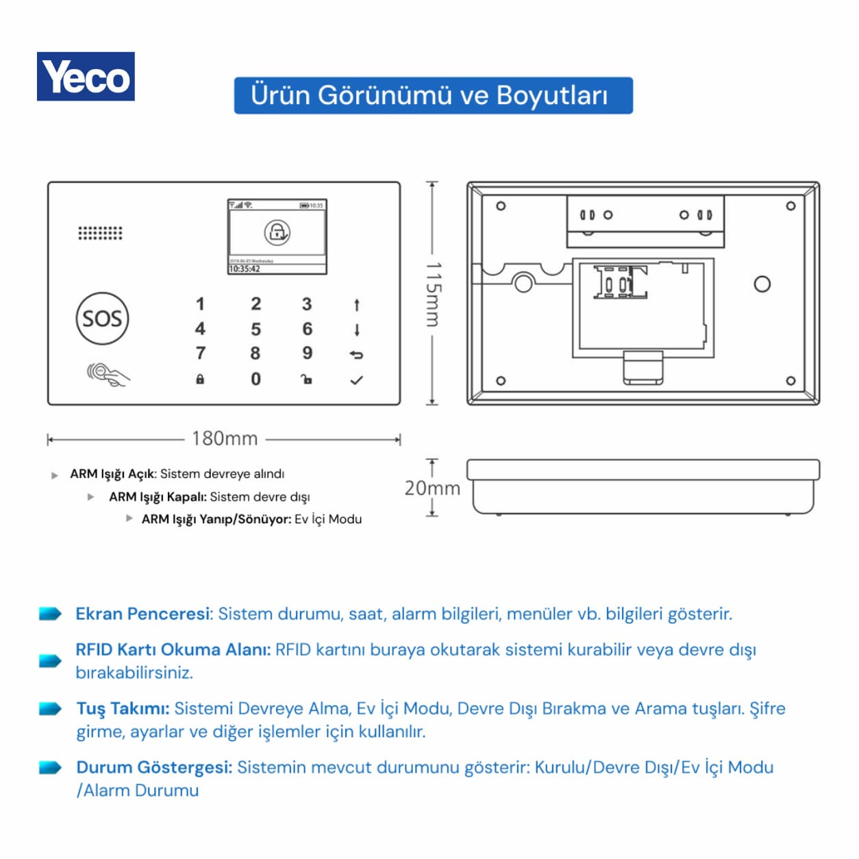 Yeco alarm sisteminin boyutlarıyla teknik çizimi.