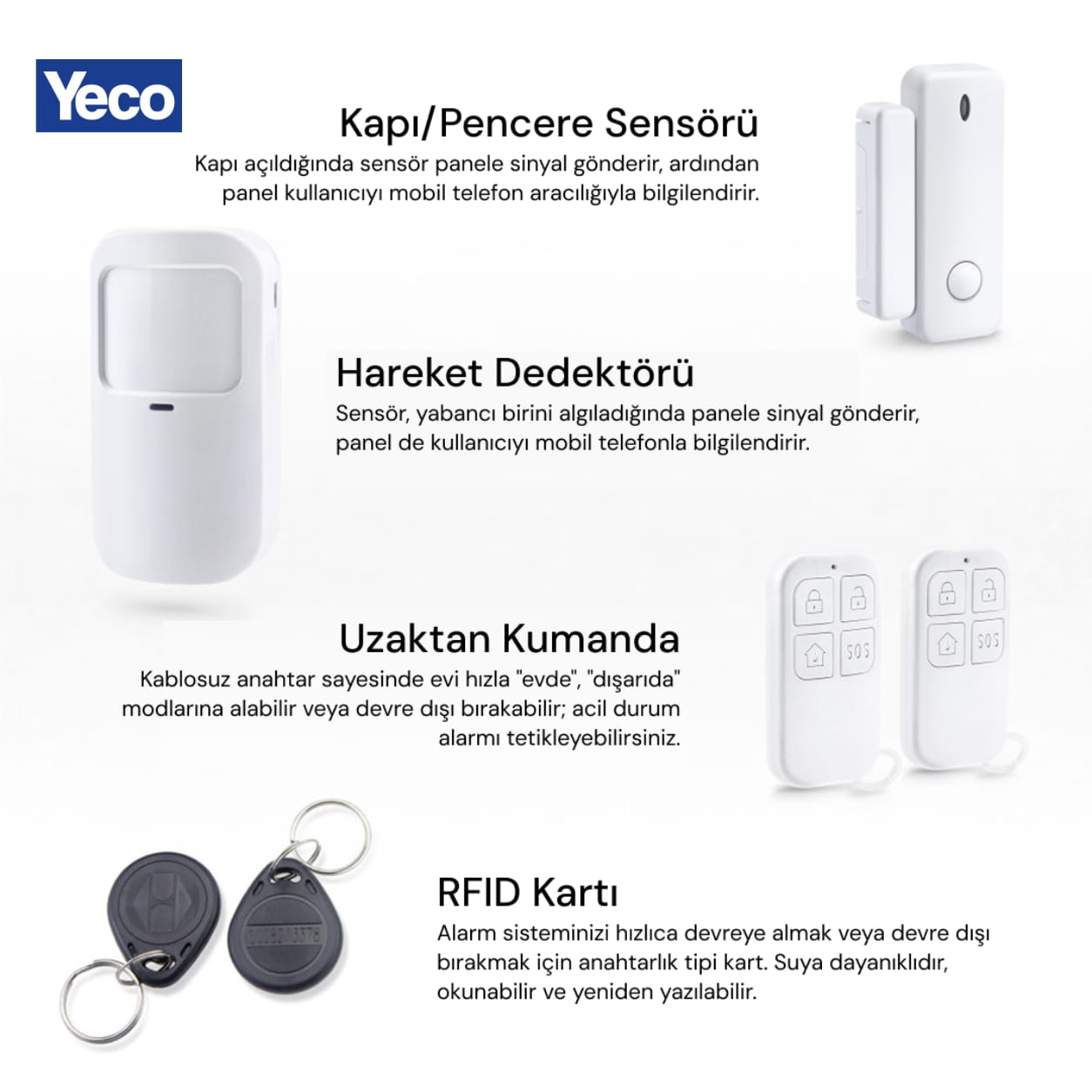 Yeco güvenlik sistemi: hareket dedektörü, kapı/pencere sensörü, uzaktan kumanda, RFID kartı.