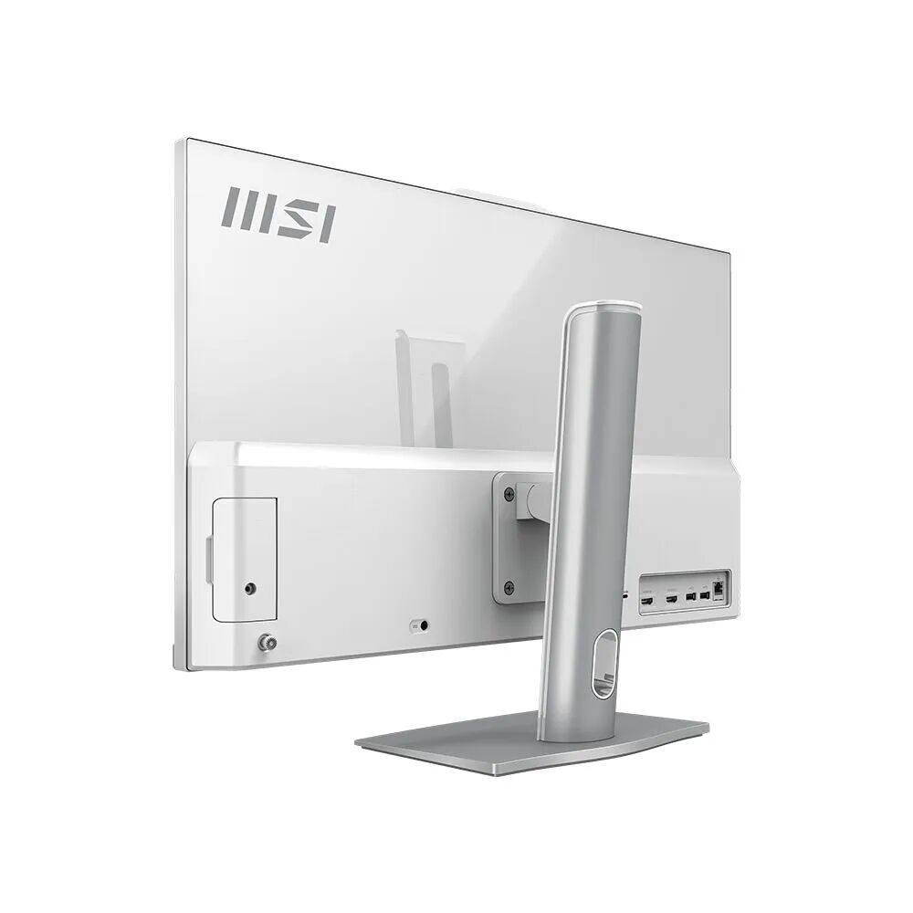 Gümüş stantlı ve portlu beyaz MSI monitörün arka görünümü. Sade tasarım.
