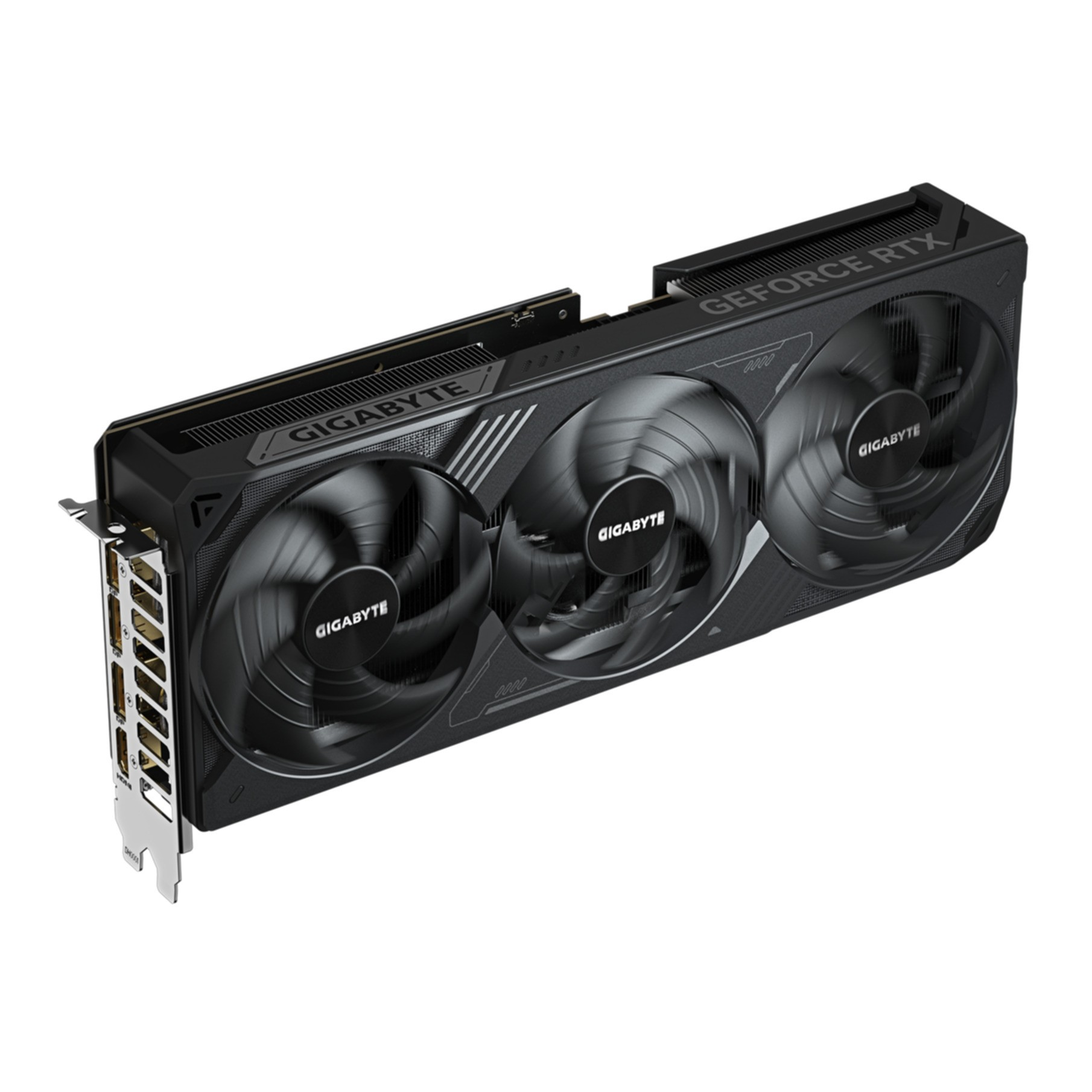 Czarna karta graficzna Gigabyte RTX z trzema wentylatorami i srebrnym panelem złącz.
