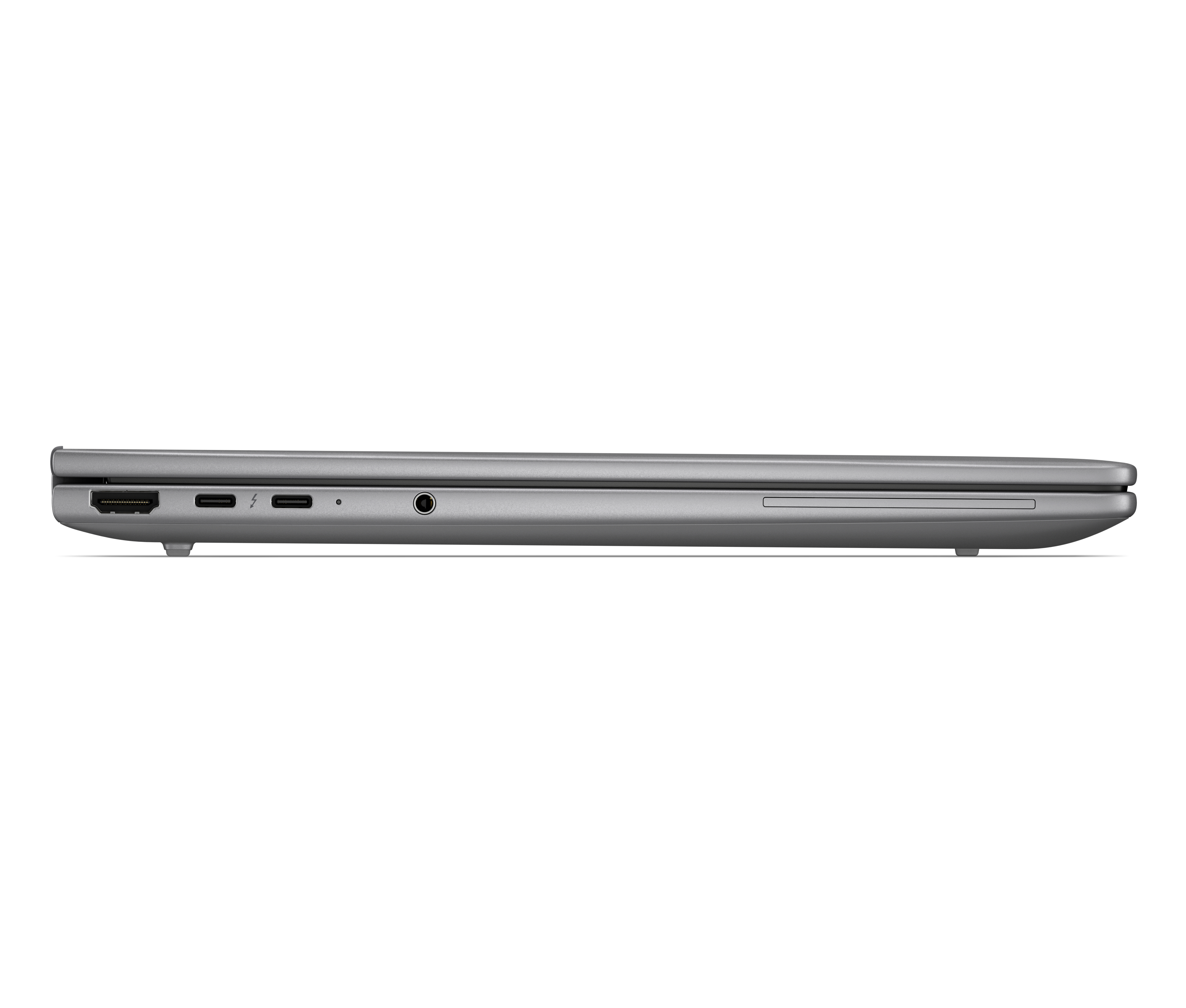 Porte grigie del laptop: HDMI, 2x USB-C/Thunderbolt, jack per cuffie.