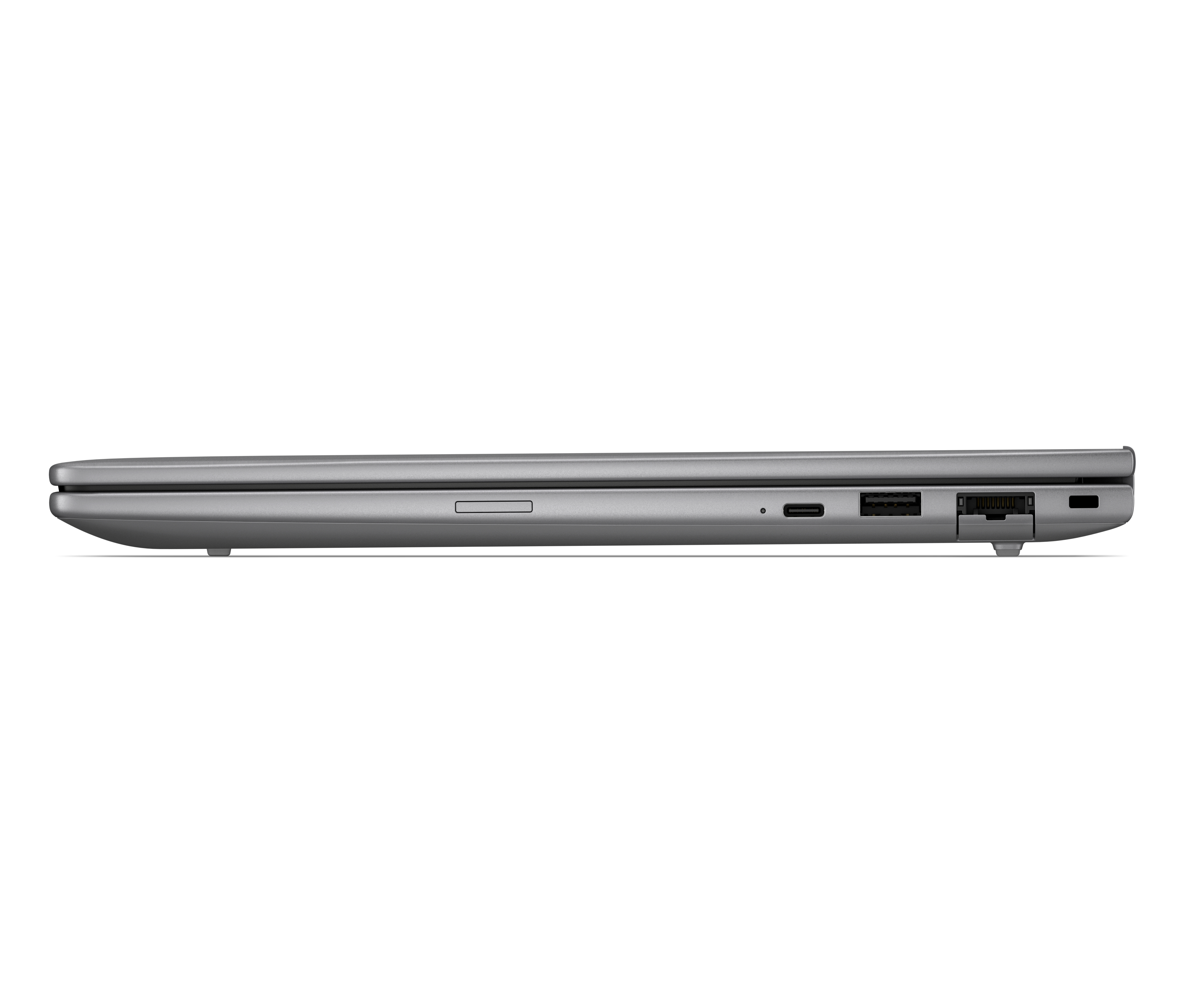 Laptop grigio di profilo con porte: USB-A, USB-C, lettore schede SD.