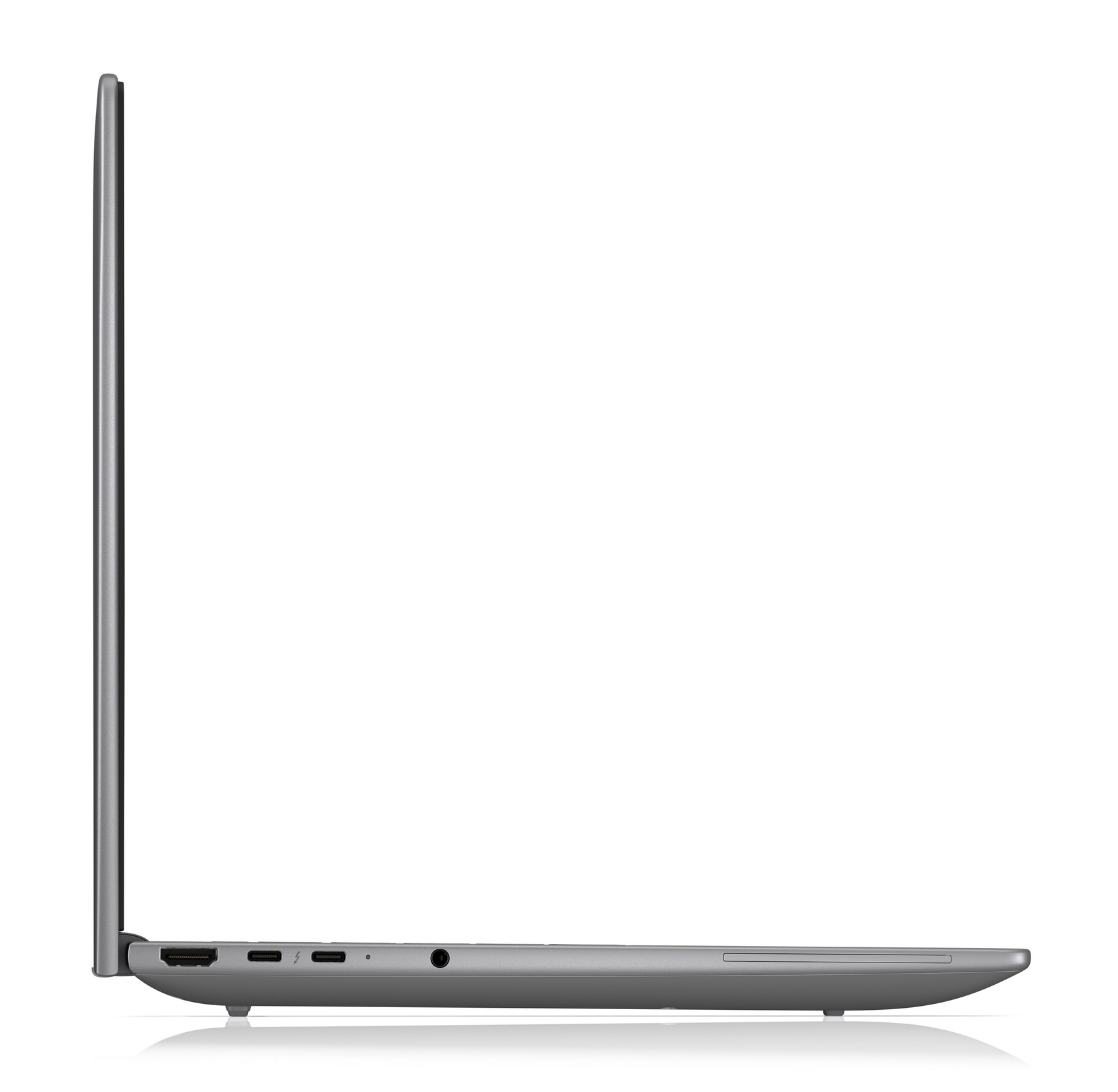Vista laterale di un laptop grigio con porte HDMI, Thunderbolt e cuffie.