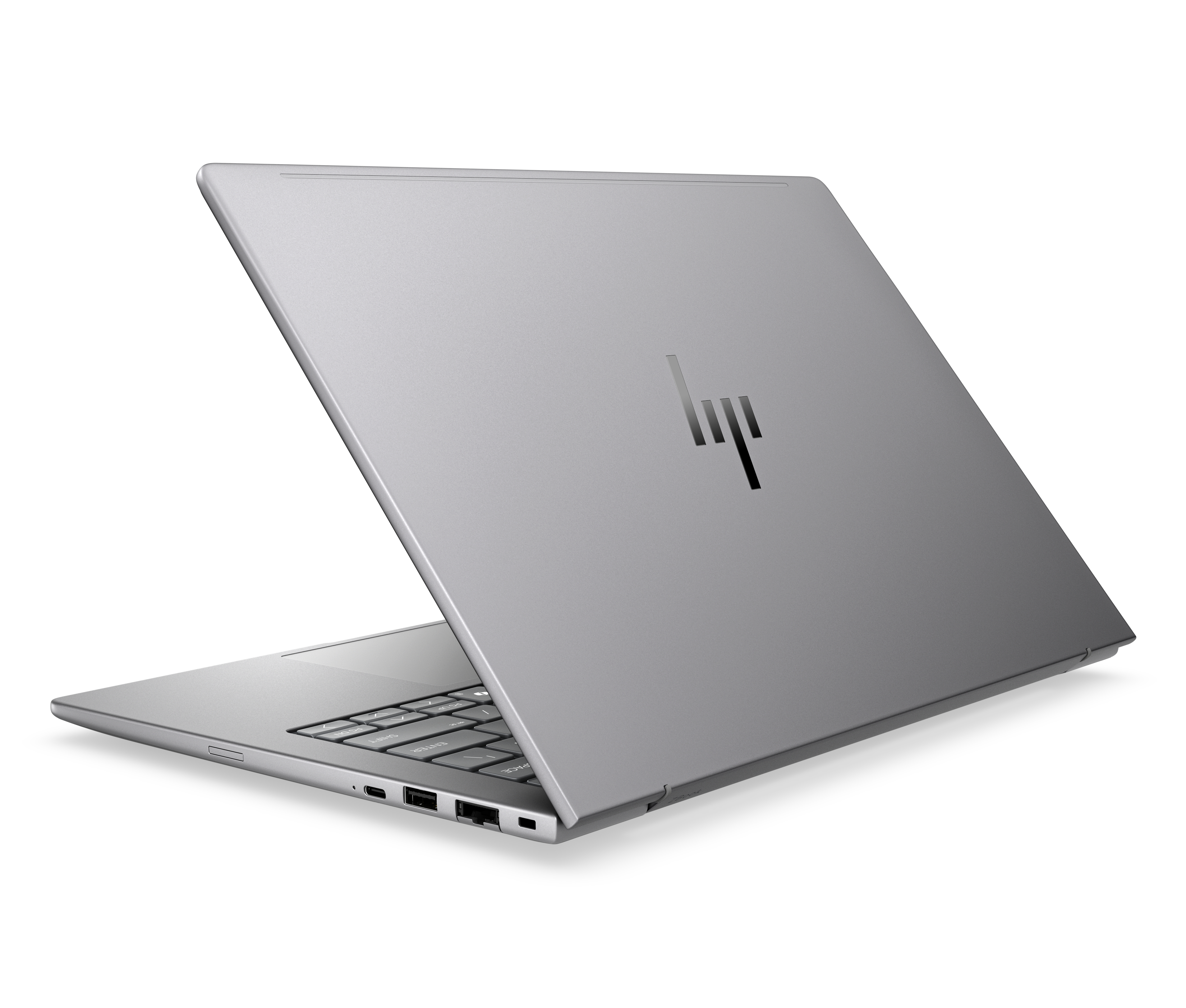 Un laptop argentato con il coperchio aperto, il logo HP è visibile sul coperchio.