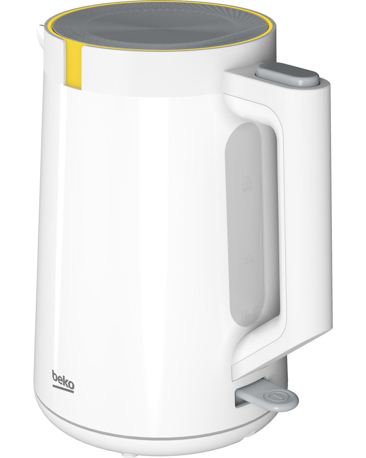 Bollitore elettrico bianco con accenti gialli e grigi, logo Beko.