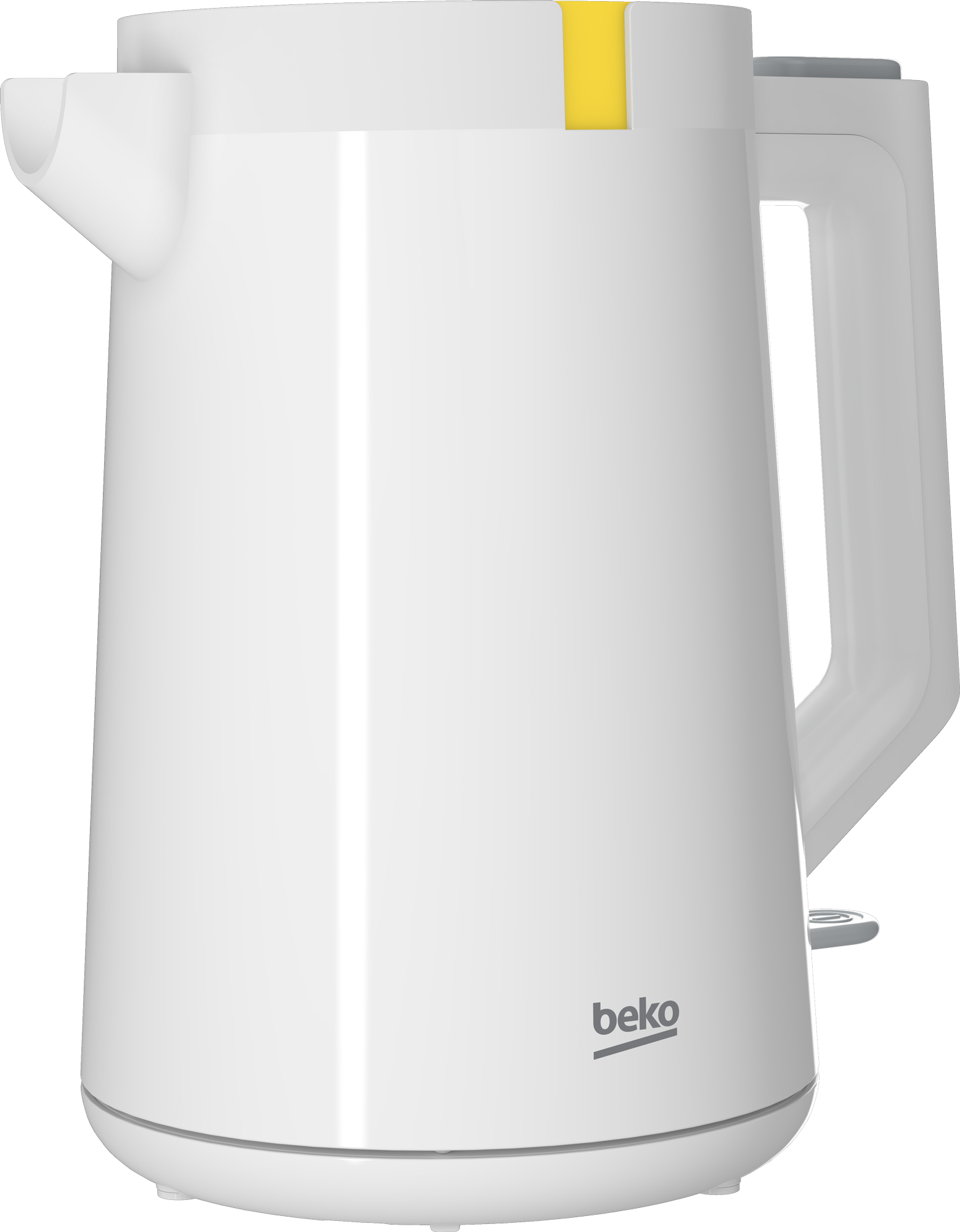 Un bollitore elettrico bianco con accento giallo e logo Beko.