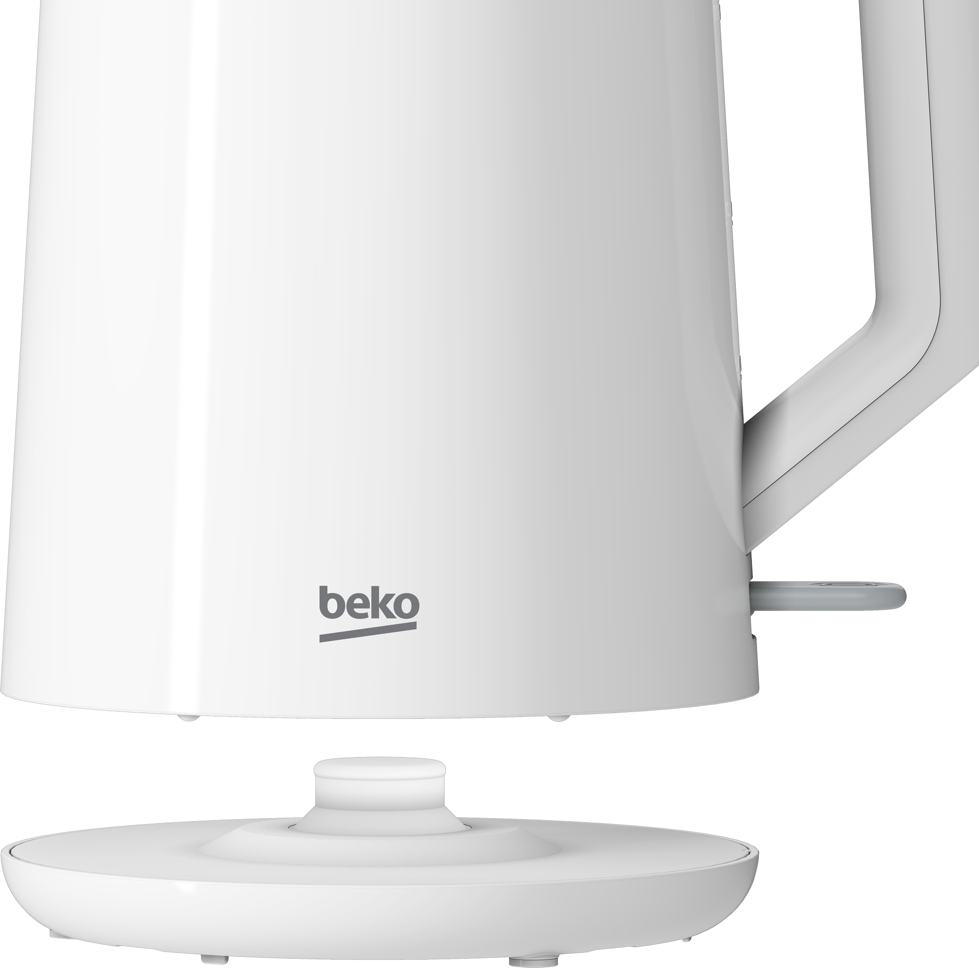 Un bollitore elettrico bianco con logo Beko e manico grigio.