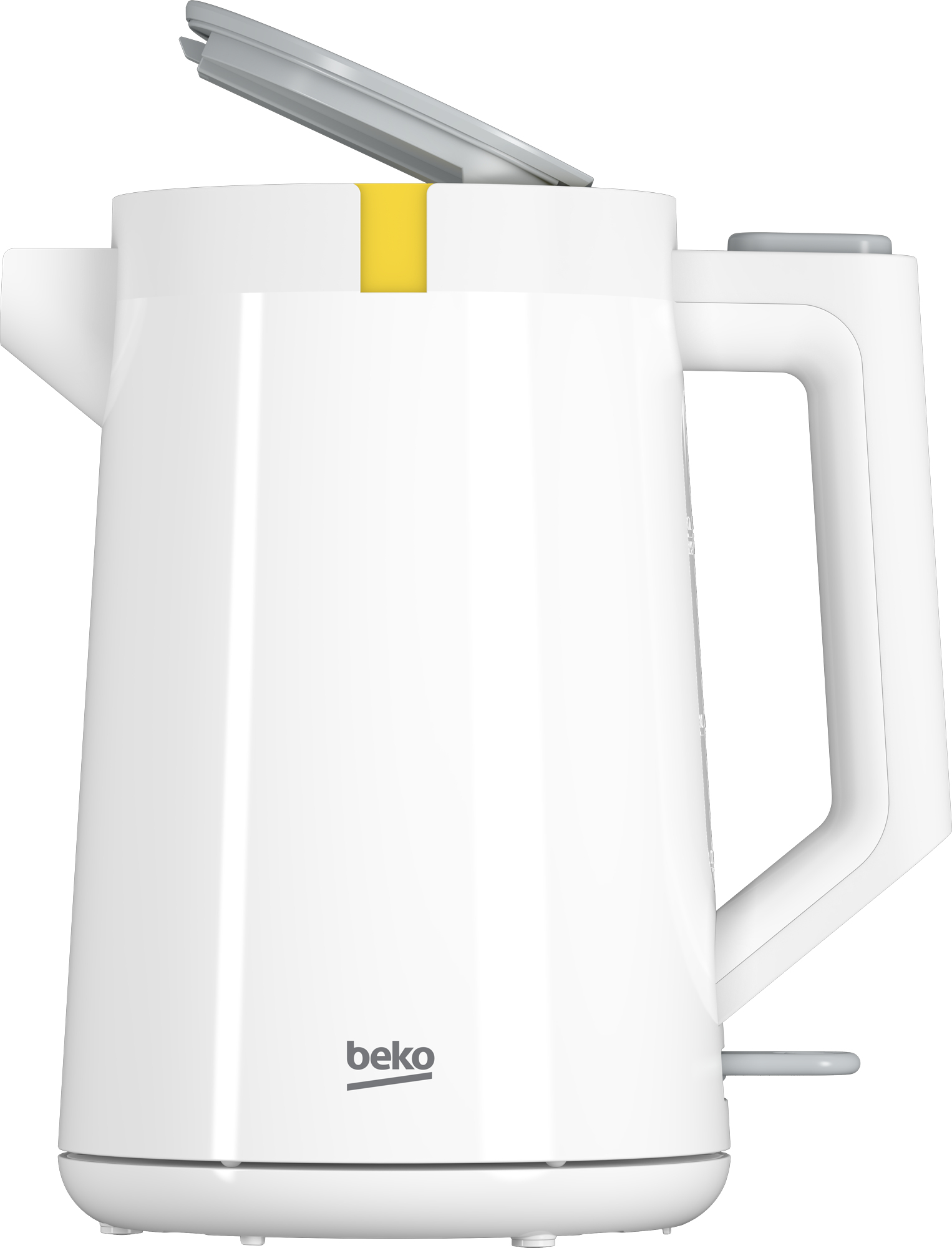 Un bollitore elettrico bianco con accento giallo e coperchio aperto.
