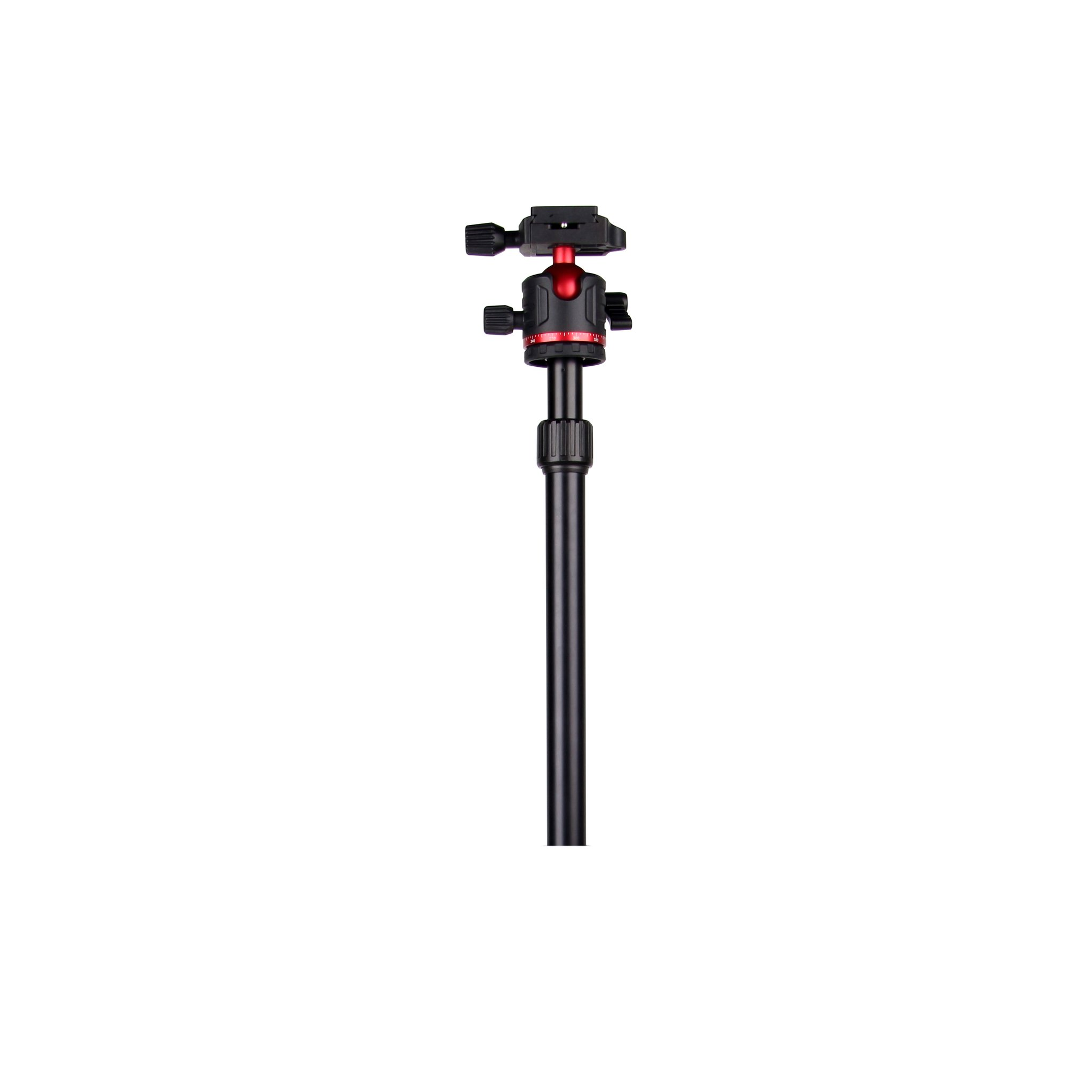 A black monopod with a red ball head and clamps.