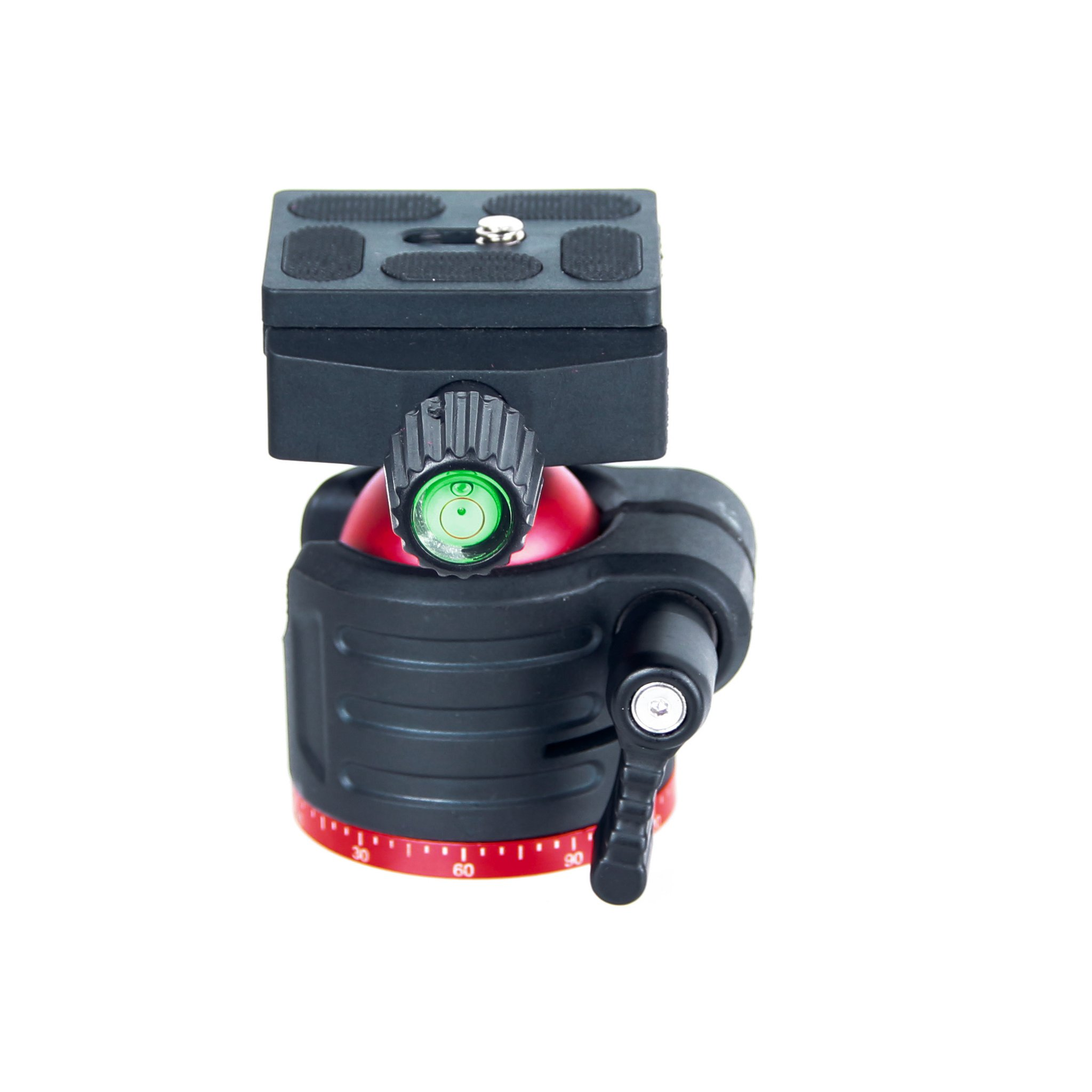 A black camera ball head with a red ball and bubble level on a white background.
