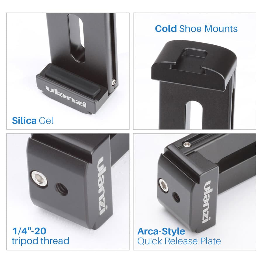 Support Ulanzi noir avec griffe porte-accessoire, filetage 1/4 et plaque Arca.