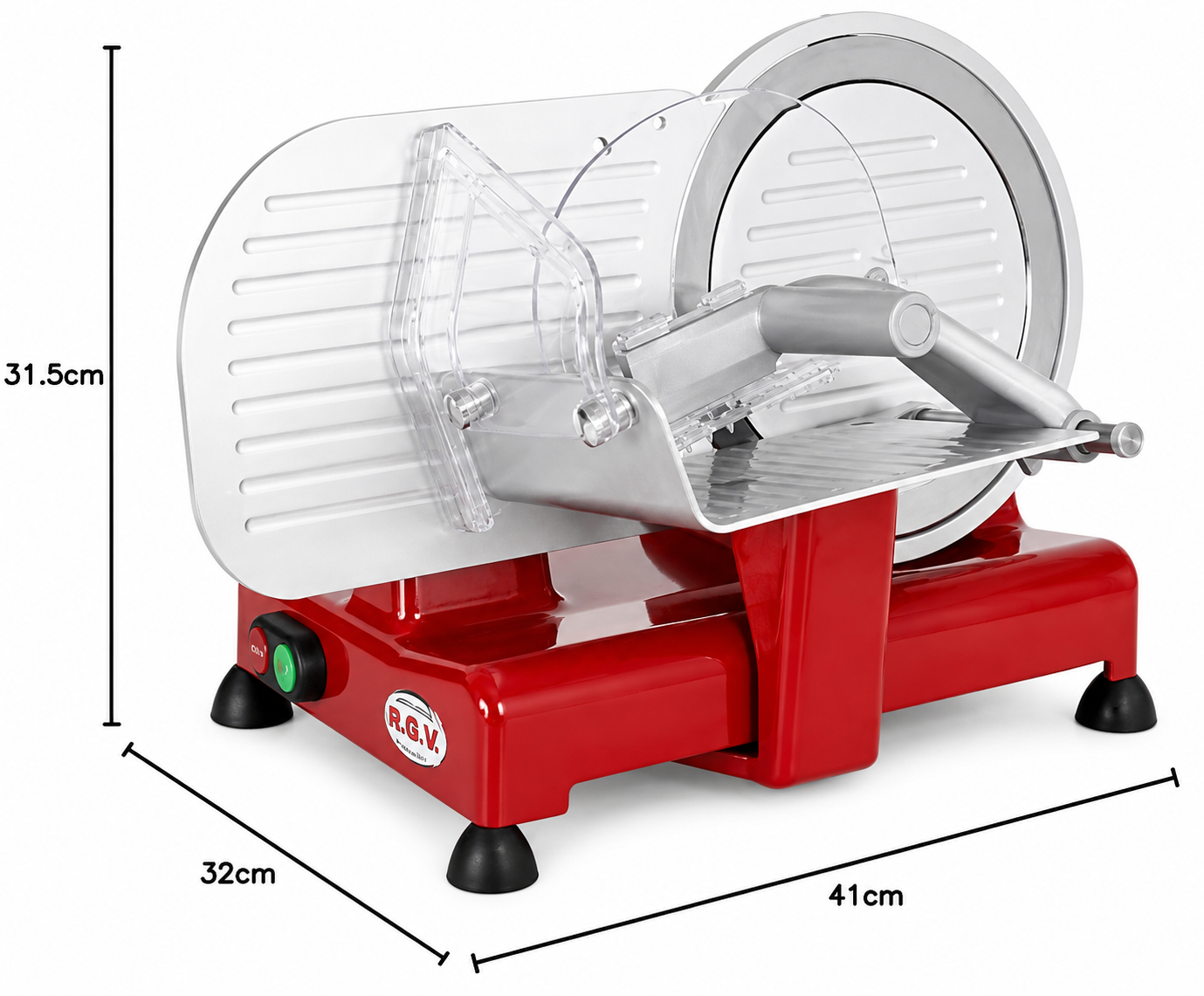 Affettatrice rossa con lama lucida e protezione trasparente. Dimensioni indicate.