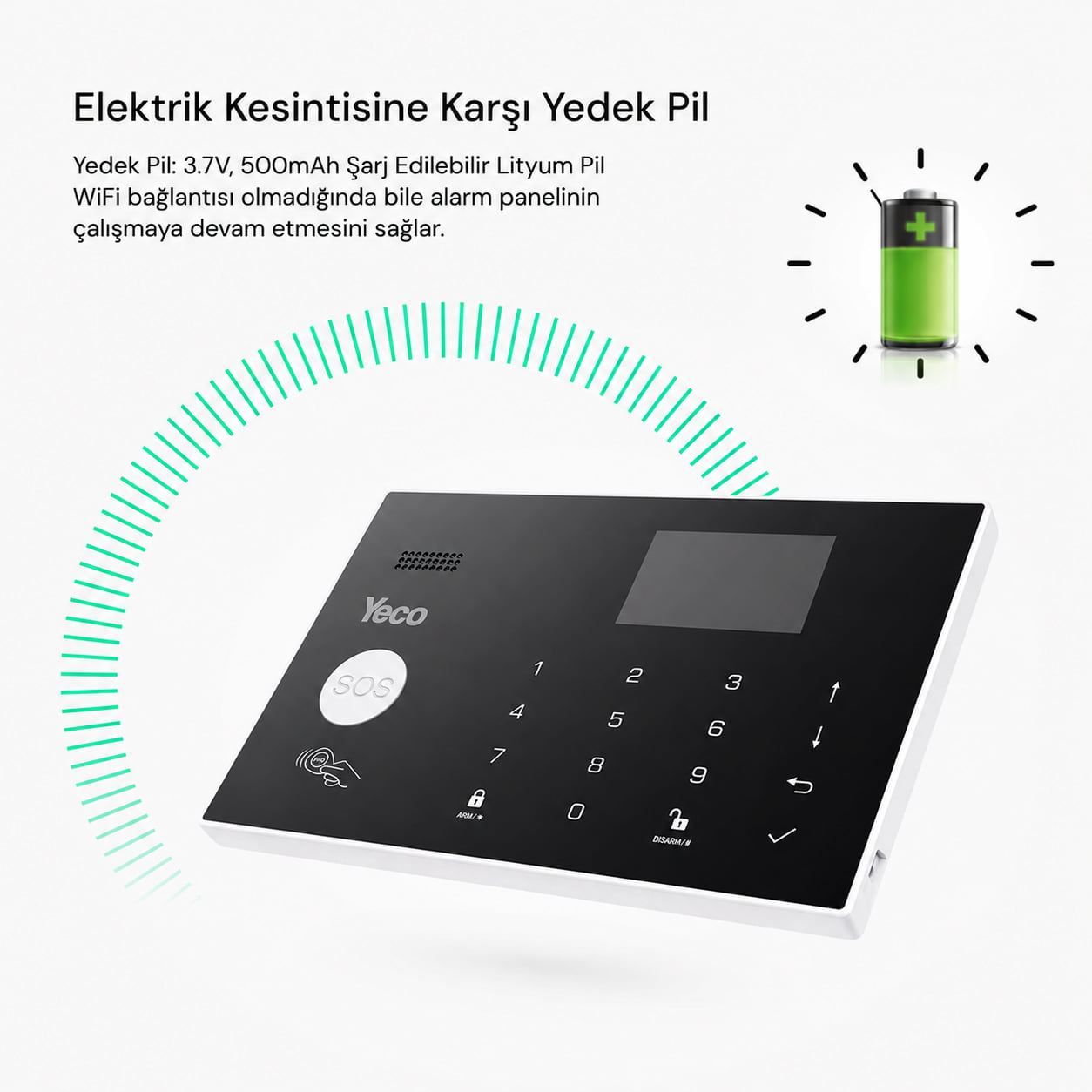 Düğmeler ve ekranlı siyah kontrol paneli, yanında yeşil pil simgesi.