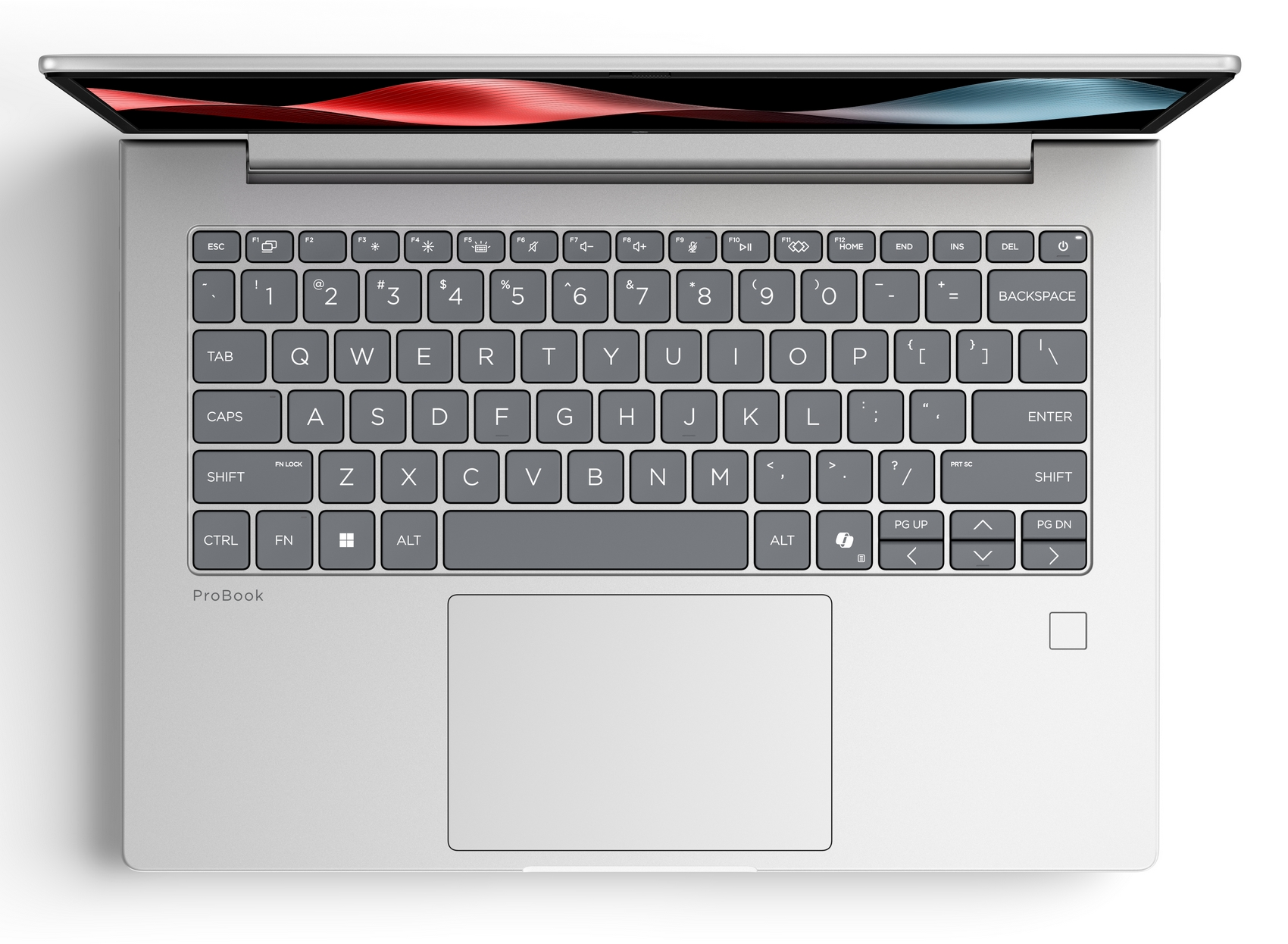 Laptop argento con coperchio aperto, mostra tastiera e touchpad. Logo ProBook visibile.