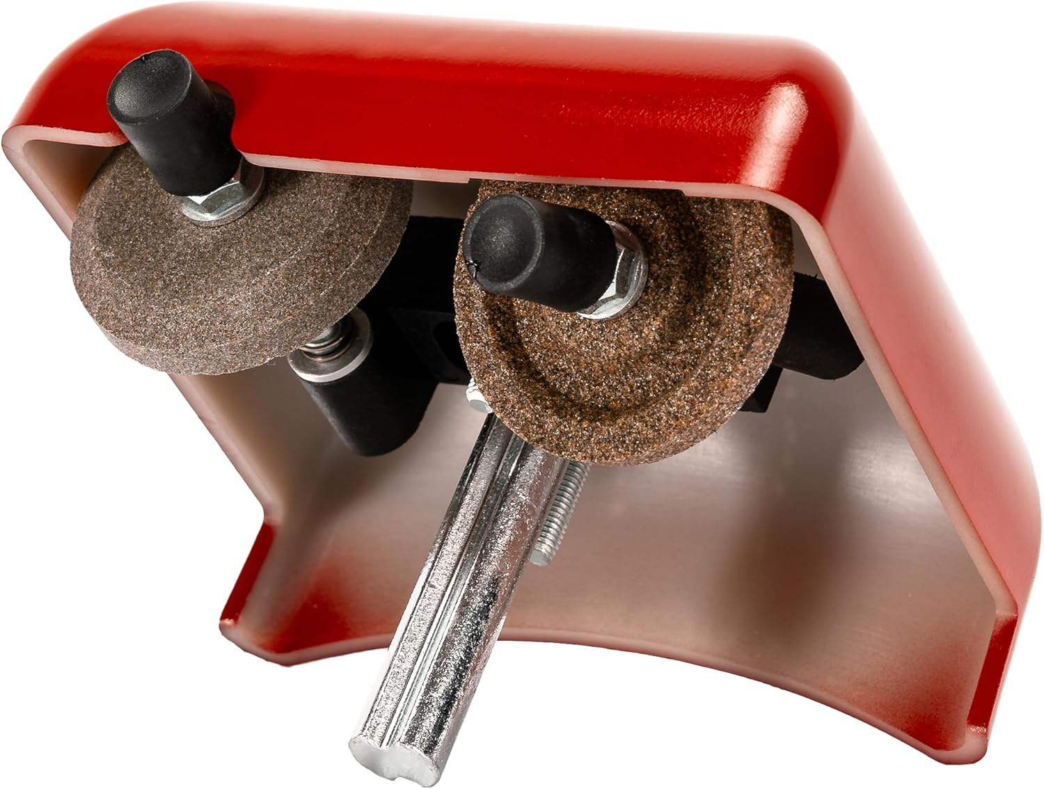 Affilatrice rossa con due mole e supporti neri.