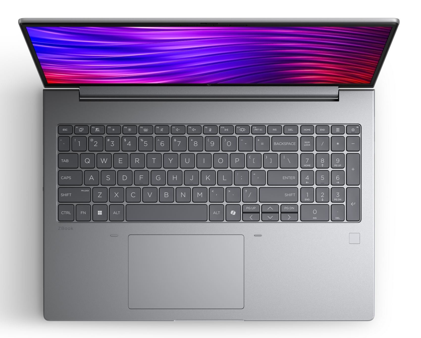 Un laptop grigio con lo schermo aperto, che mostra un motivo viola e rosso.