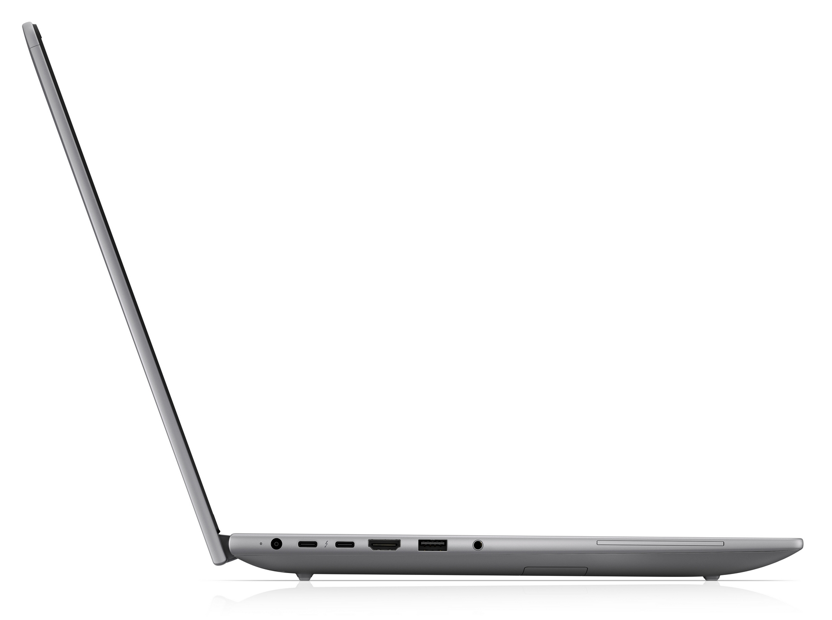 Laptop argentato di profilo con porte aperte.