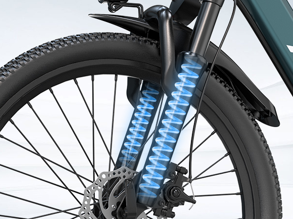 Primo piano della sospensione anteriore di una bicicletta con molle blu luminose.