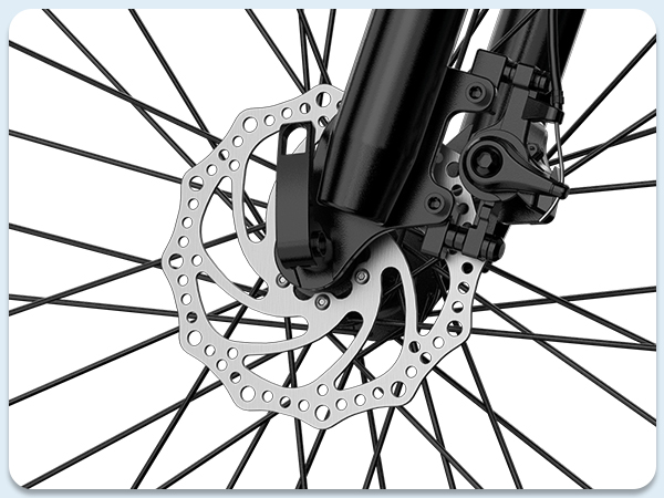 Primo piano di un freno per bicicletta con disco e raggi.
