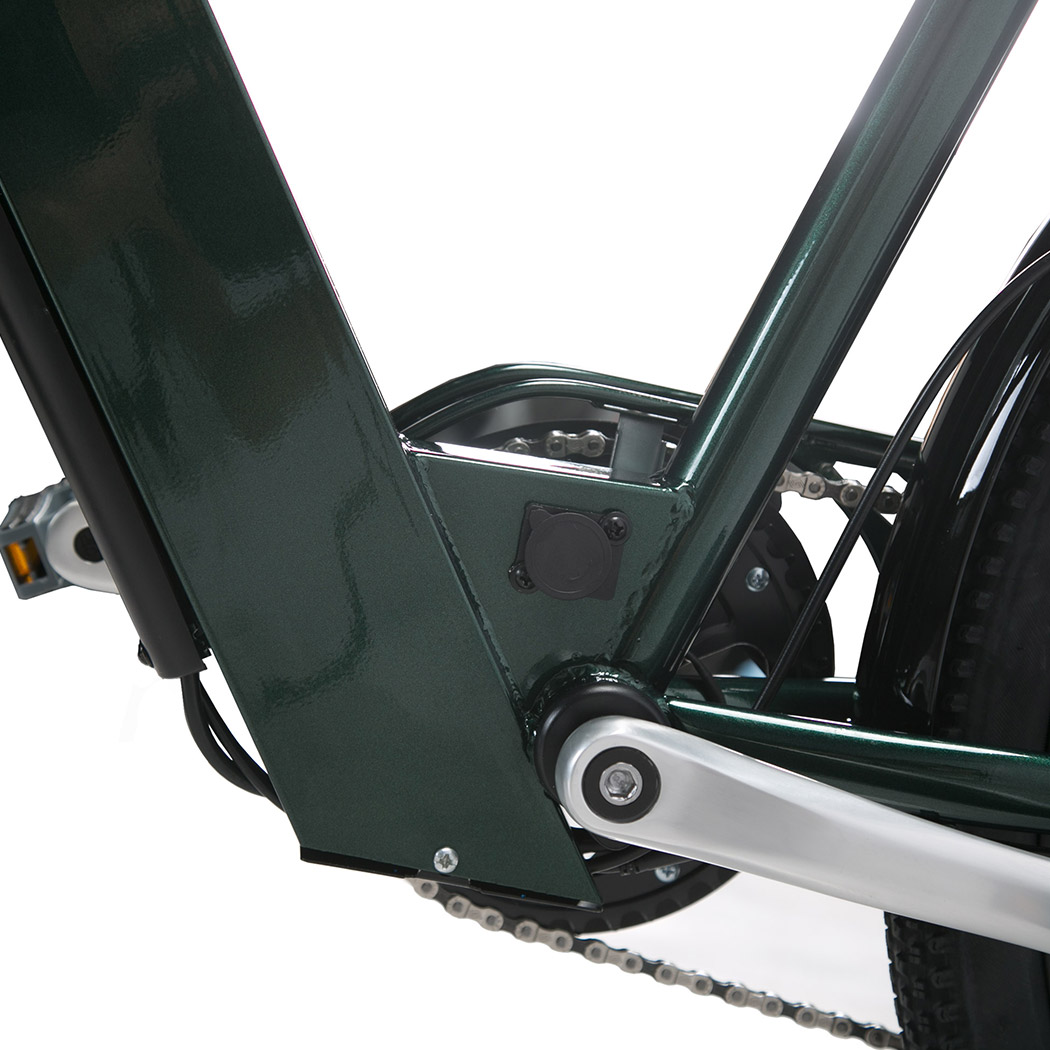 Bicicletta verde scuro, primo piano di telaio, pedivella, catena e pneumatico.