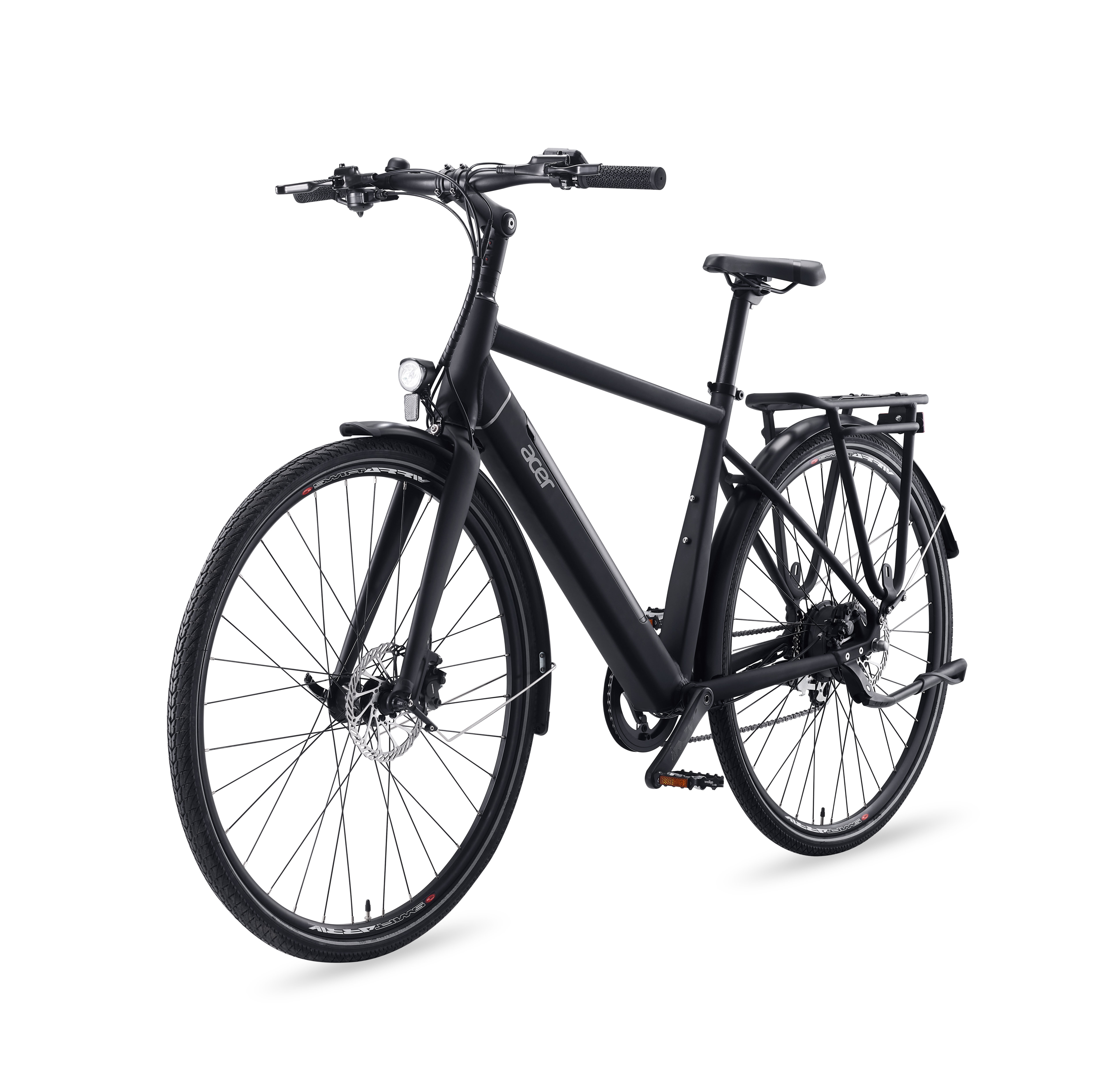 Black e-bike with rear rack, disc brakes, and Acer logo.