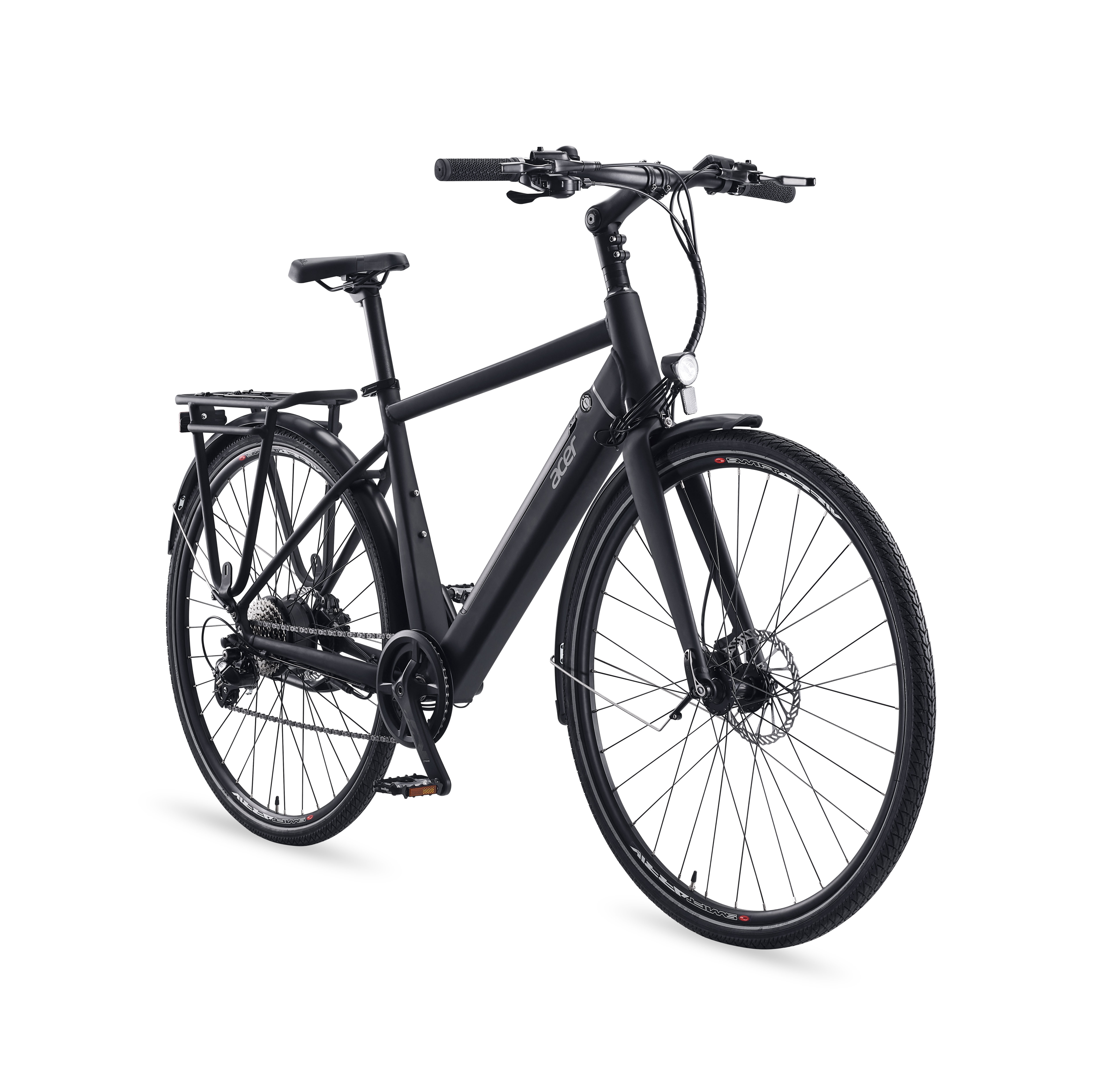 A black electric bicycle with a rear rack and fenders, shown against a white background.