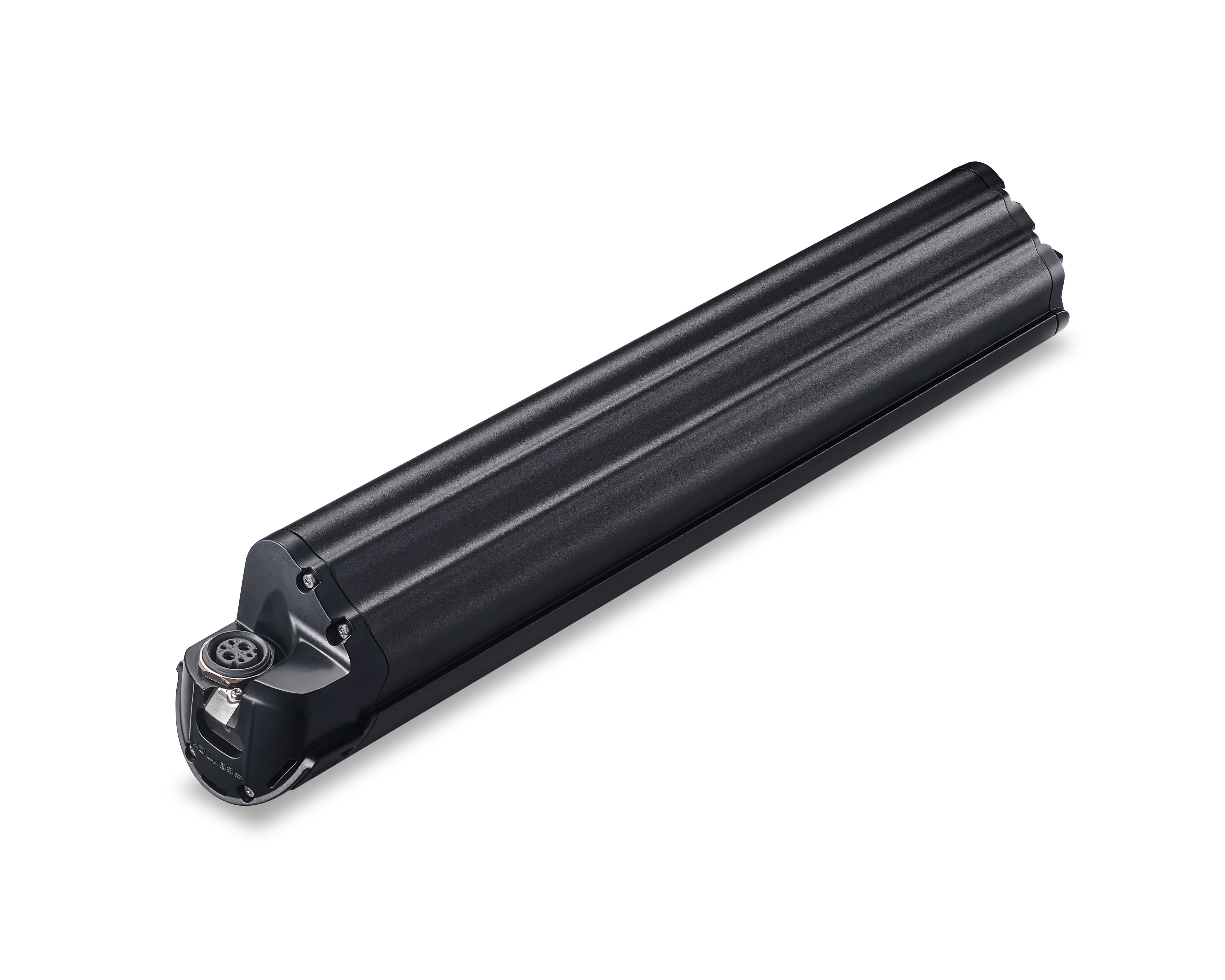 Black, elongated battery pack with a ribbed surface and a connector.