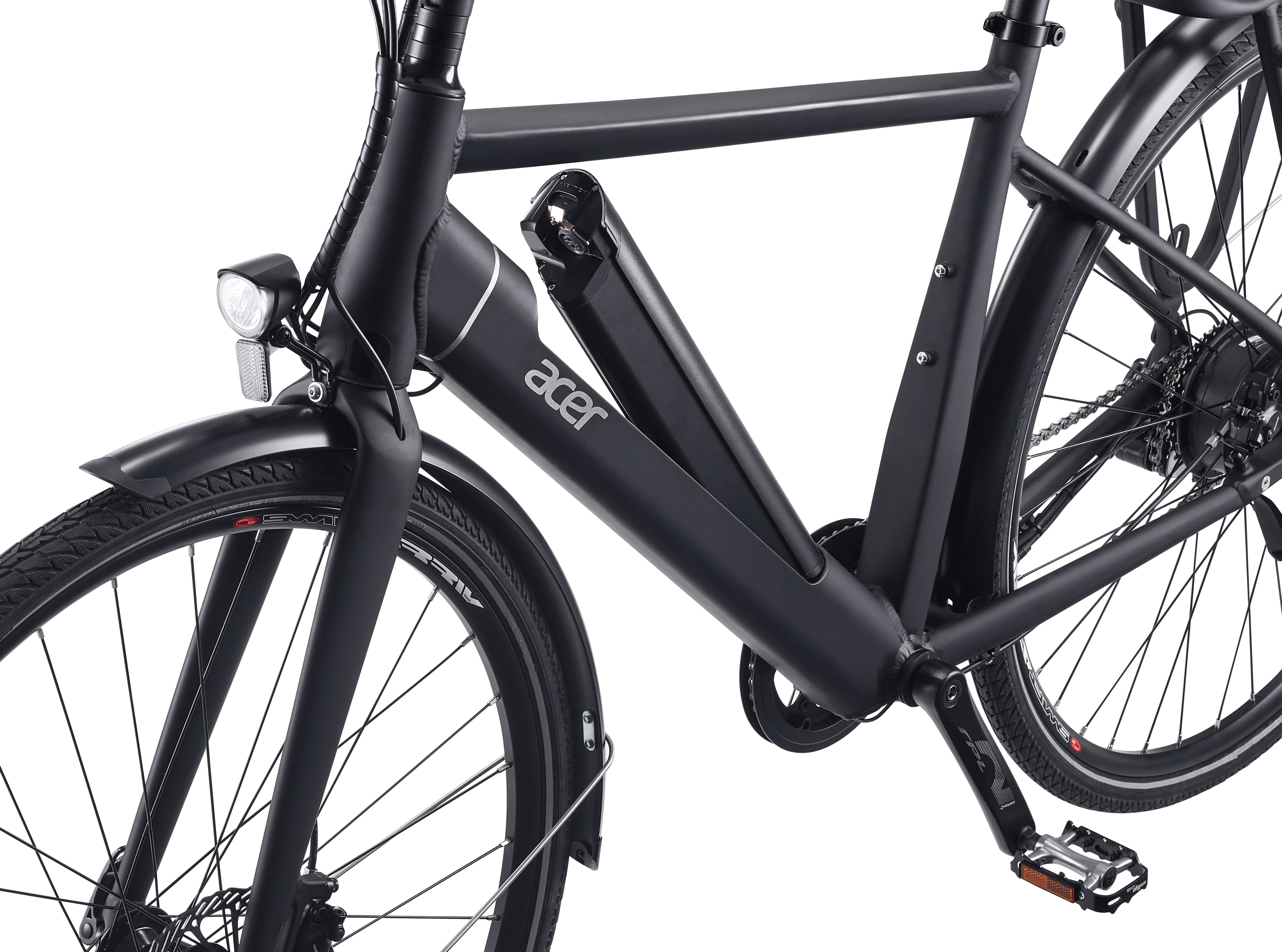 Black e-bike with Acer logo, front wheel, fender, and headlight.