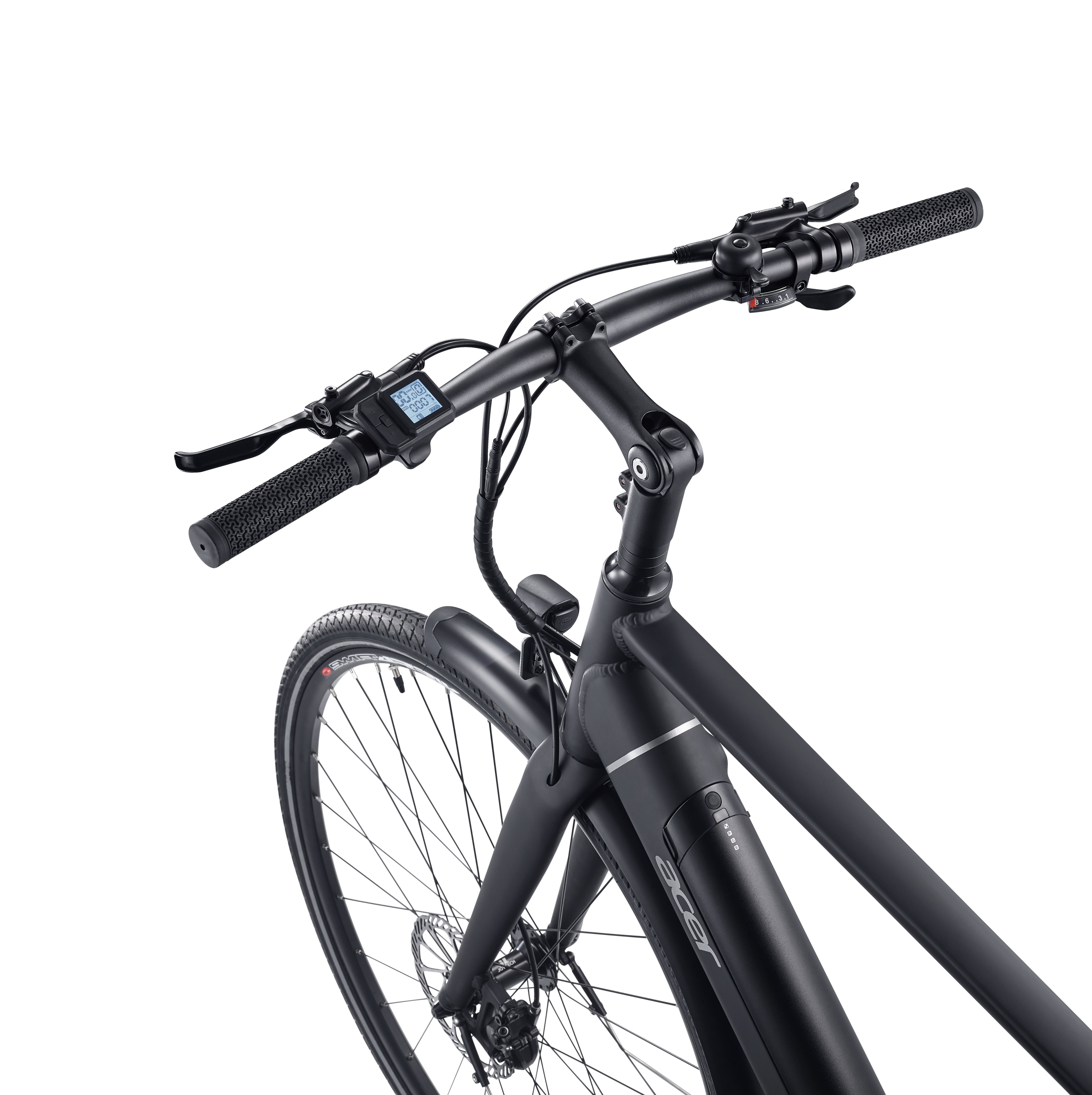 Black e-bike with handlebar display, front wheel, and frame in focus.