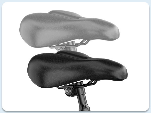 Due selle da bicicletta, una nera davanti e una grigia dietro.
