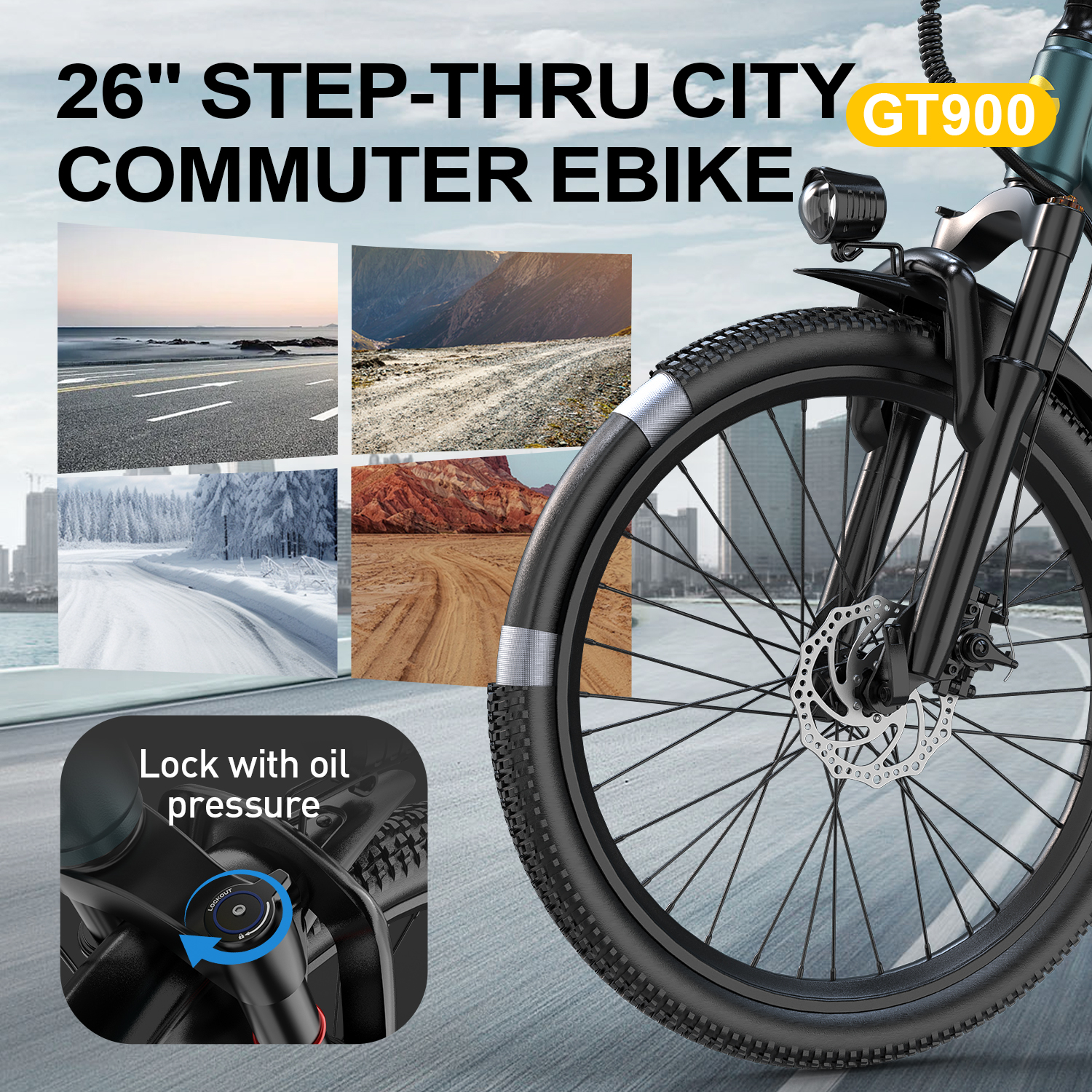 Bici elettrica urbana 26" GT900 con sospensione anteriore e freni a disco.