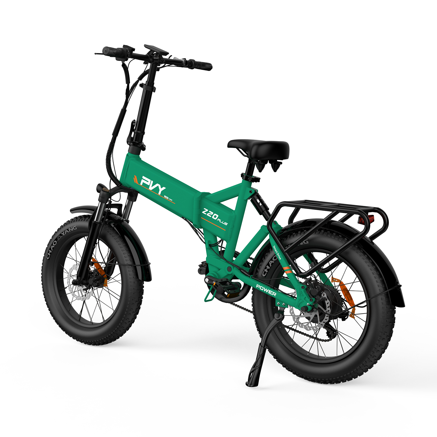 Una bicicletta elettrica pieghevole verde con pneumatici larghi neri e portapacchi.