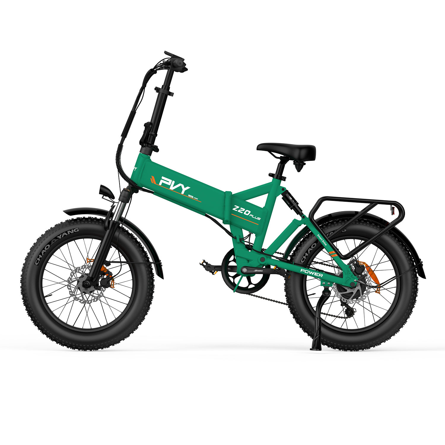 Bicicletta pieghevole verde con copertoni larghi, portapacchi nero e sospensioni.