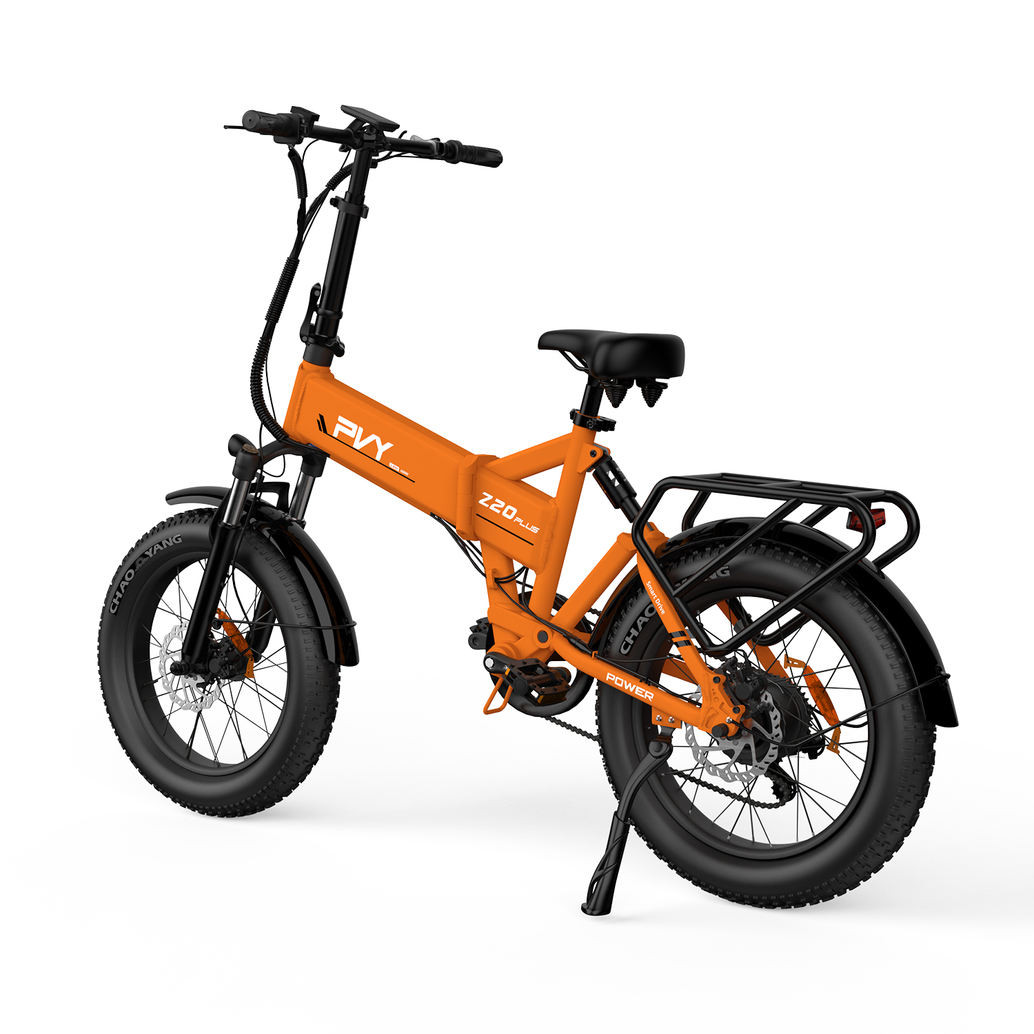 Una bici elettrica pieghevole arancione con pneumatici larghi e portapacchi.