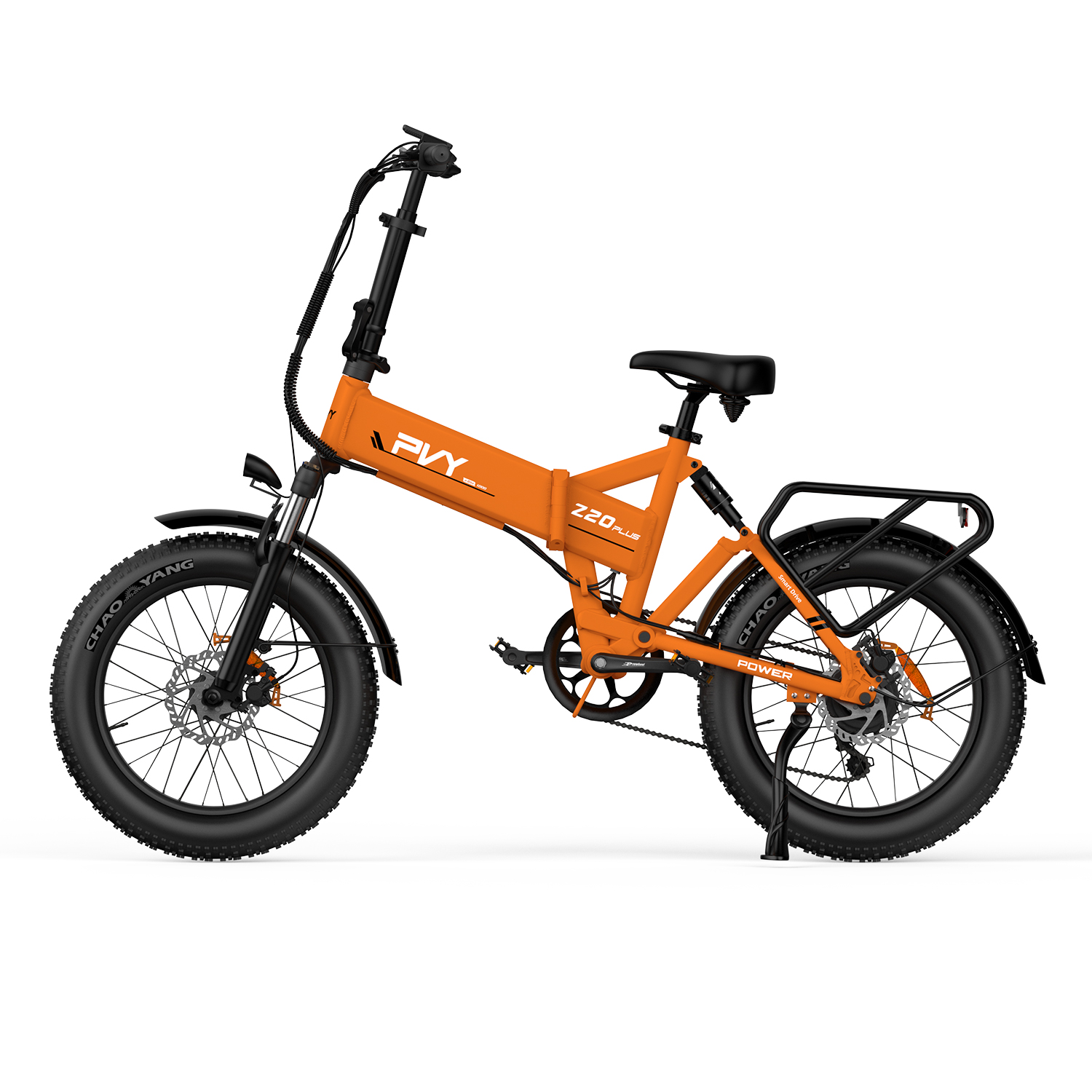 Una bici elettrica pieghevole arancione con accenti neri su sfondo bianco.