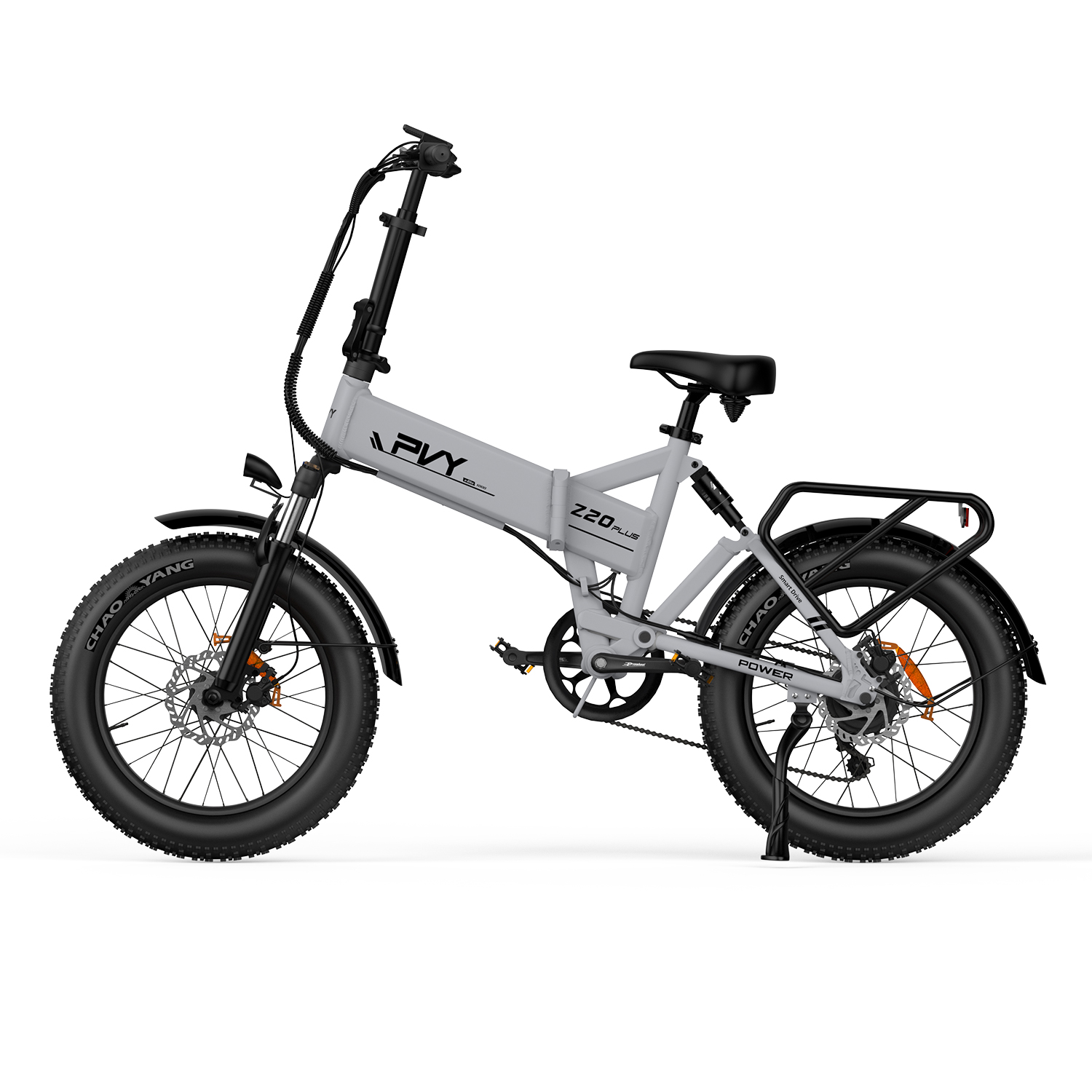 Una bicicletta elettrica pieghevole grigia con pneumatici larghi, portapacchi e freni a disco.