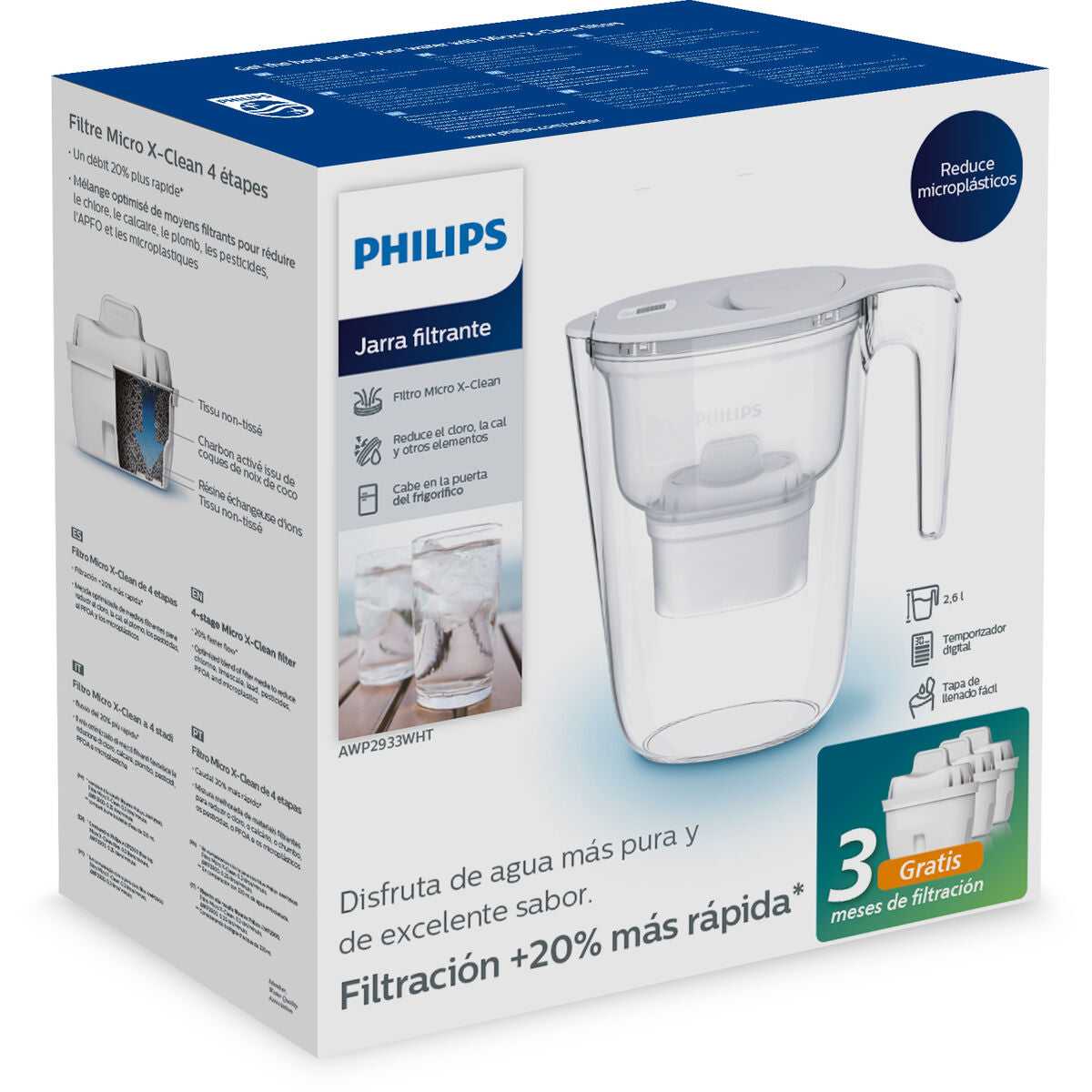 Caraffa filtrante Philips a 4 stadi, riduce microplastiche, capacità 2,6L.