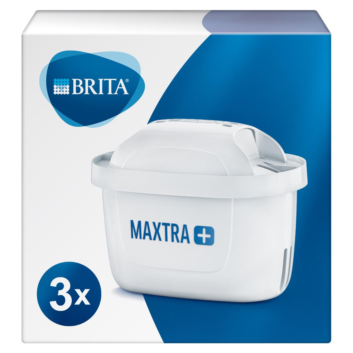 Cartuccia filtro acqua Brita Maxtra+, confezione da 3, bianca con logo e dettagli blu.