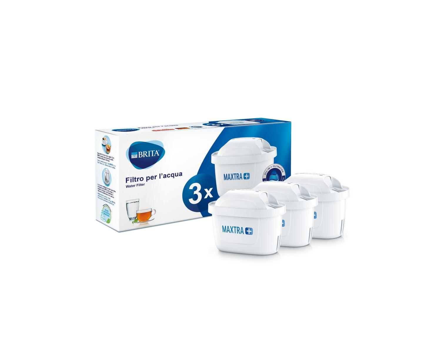 Scatola di filtri per l'acqua Brita Maxtra, con 3 filtri bianchi e dettagli sulla scatola.