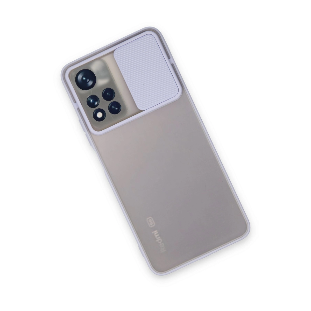 Lensler için kayan kapaklı, kamera çıkıntılı gri telefon kılıfı.