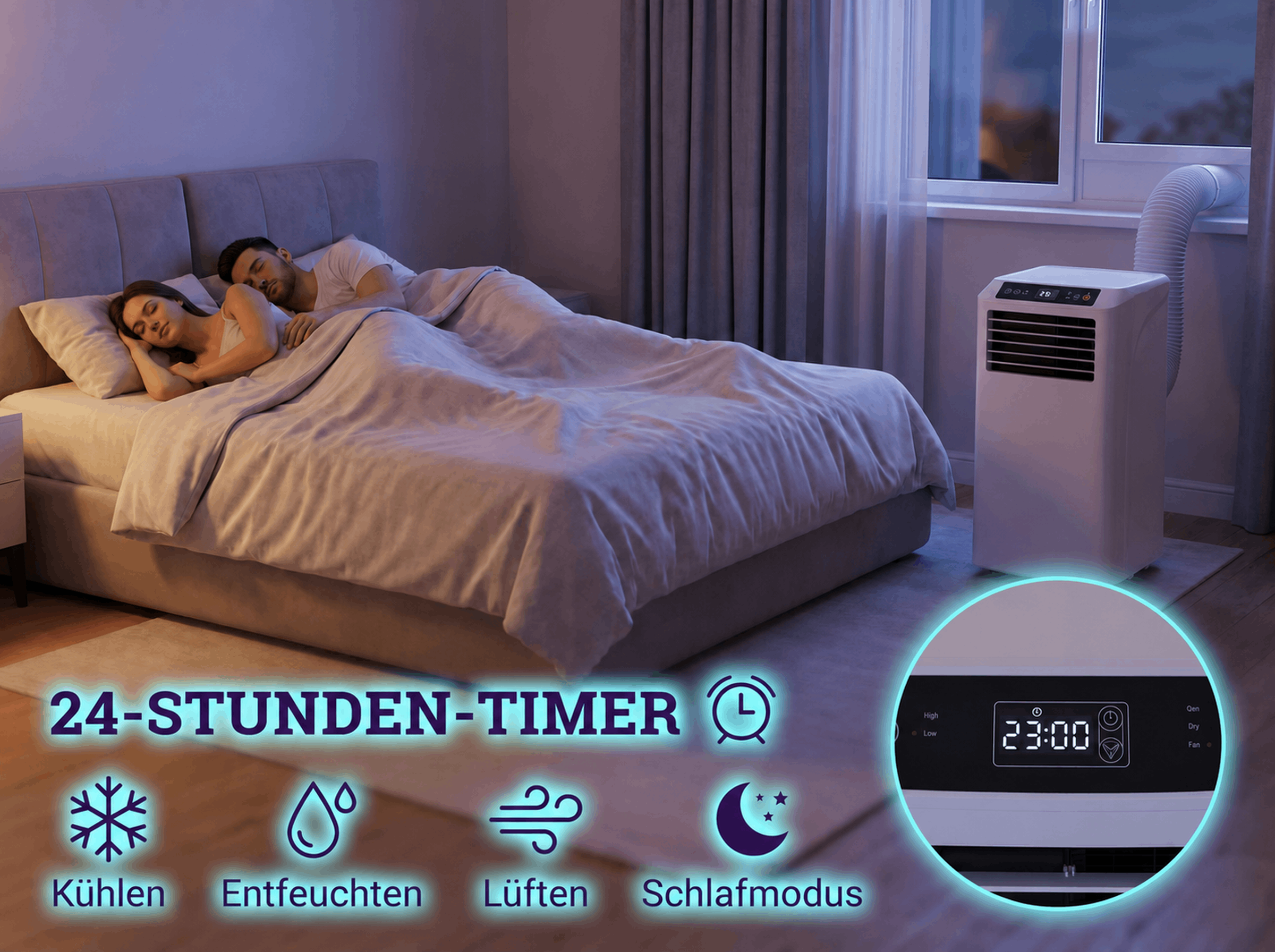 Ein Paar schläft in einem Bett, daneben ein mobiles Klimagerät.