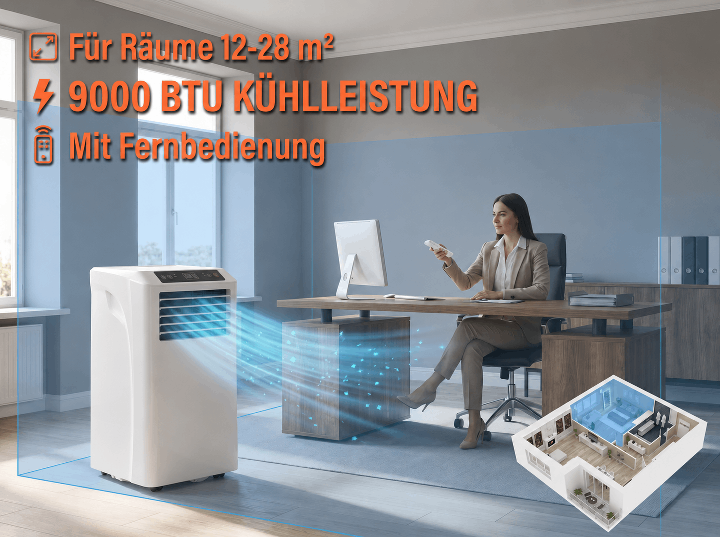 Ein Klimagerät kühlt einen Büroraum, in dem eine Frau am Schreibtisch sitzt.