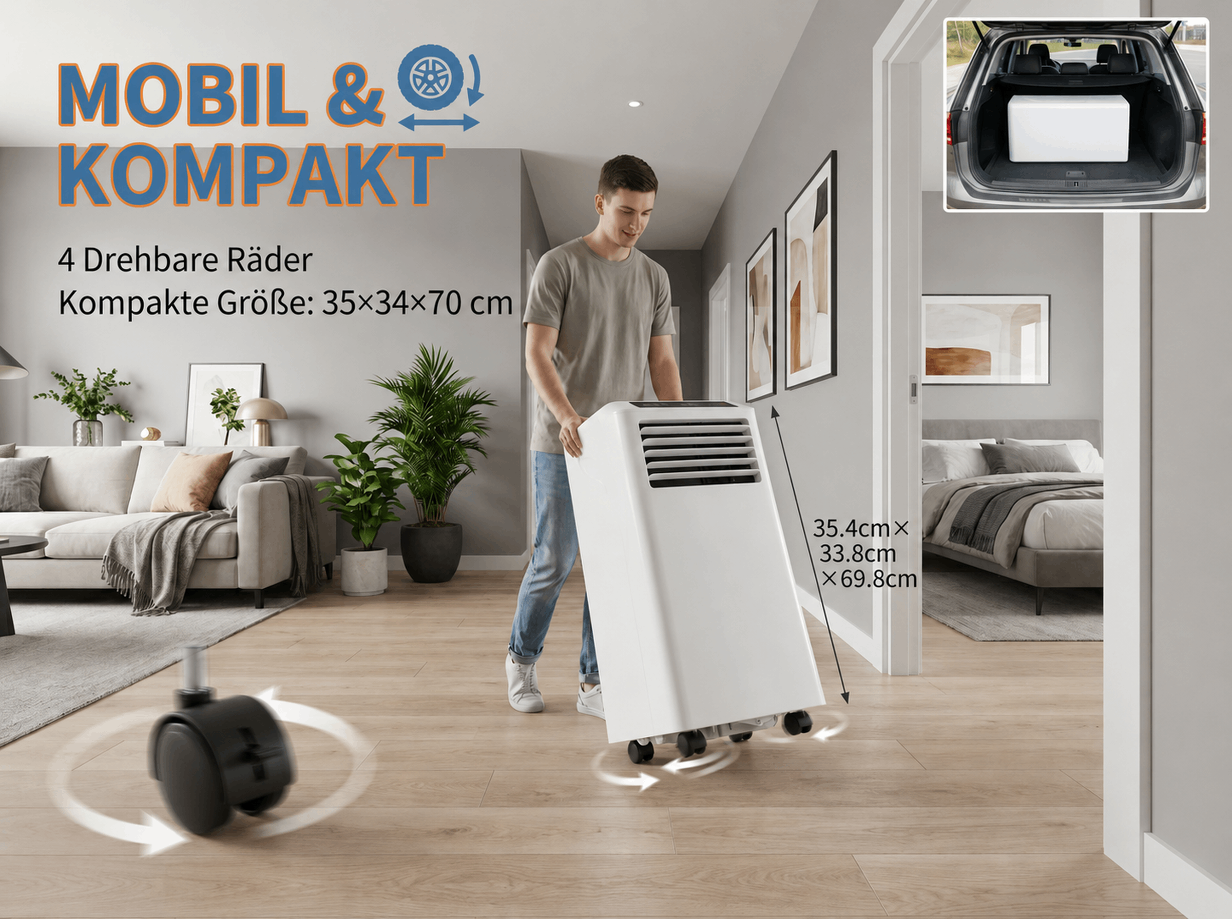 Ein Mann schiebt ein weißes Klimagerät auf Rollen durch einen Flur.