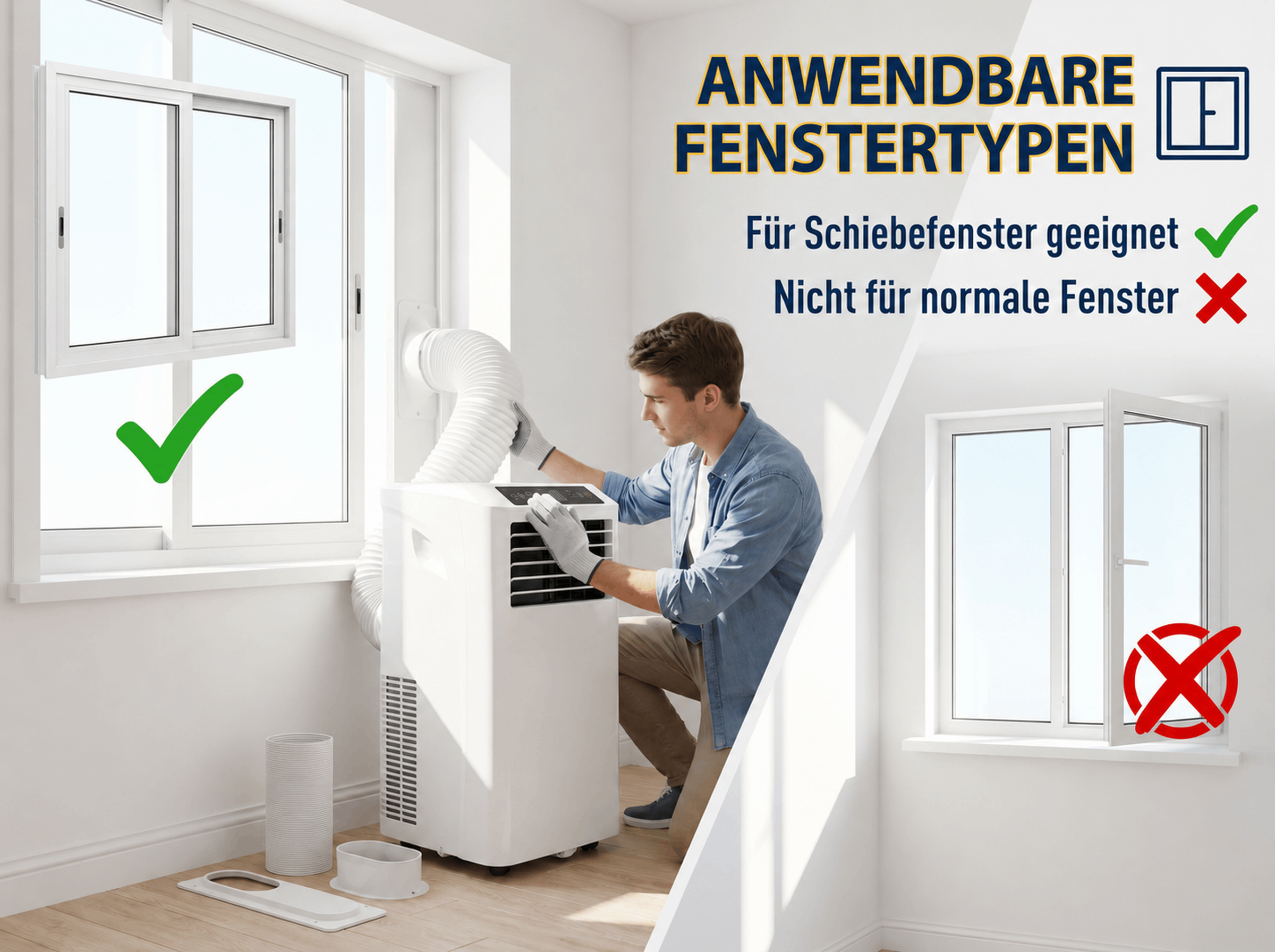 Mann installiert Klimaanlage an Schiebefenster, das als geeignet markiert ist.