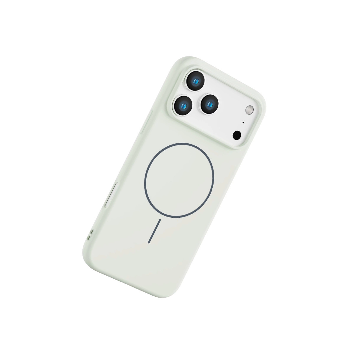 Üç kamera lensli ve MagSafe halkalı açık renk telefon kılıfı.