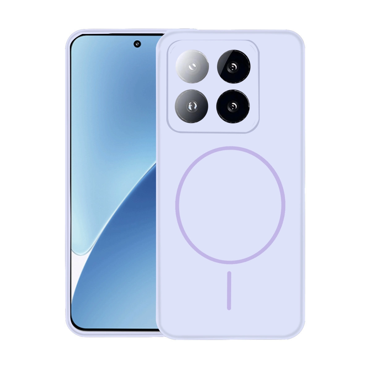 Arkada dört kamerası ve dairesel tasarımı olan açık mor bir akıllı telefon.